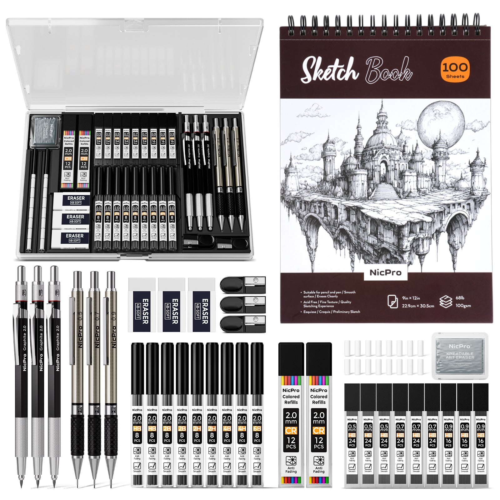 Nicpro 35PCS Art Mechanical Pencil Set, 3 PCS Metal Drafting Pencil 0.5 mm & 0.7 mm & 0.9 mm & 3 PCS 2mm Lead Holder (6B 4B 2B HB 2H 4H Colors) For Sketching Drawing With 20 Tube Lead Refills Case