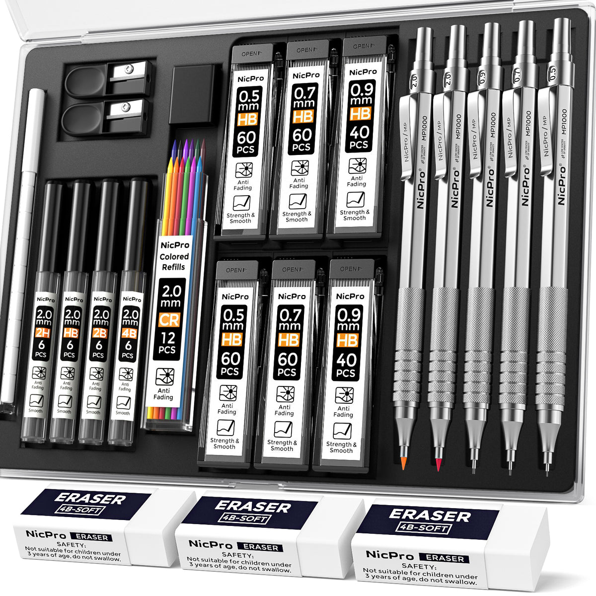 Buy 2, Get 1 Free! 3 Total! (US Only) Nicpro 5PCS Metal Mechanical Pencil Set with Case, with Drafting Lead Pencil 0.5, 0.7, 0.9 mm, 2PCS 2mm (4B 2B HB 2H), Lead Refills, Pencil Sharpeners, Erasers for Writing, Drawing, Sketching