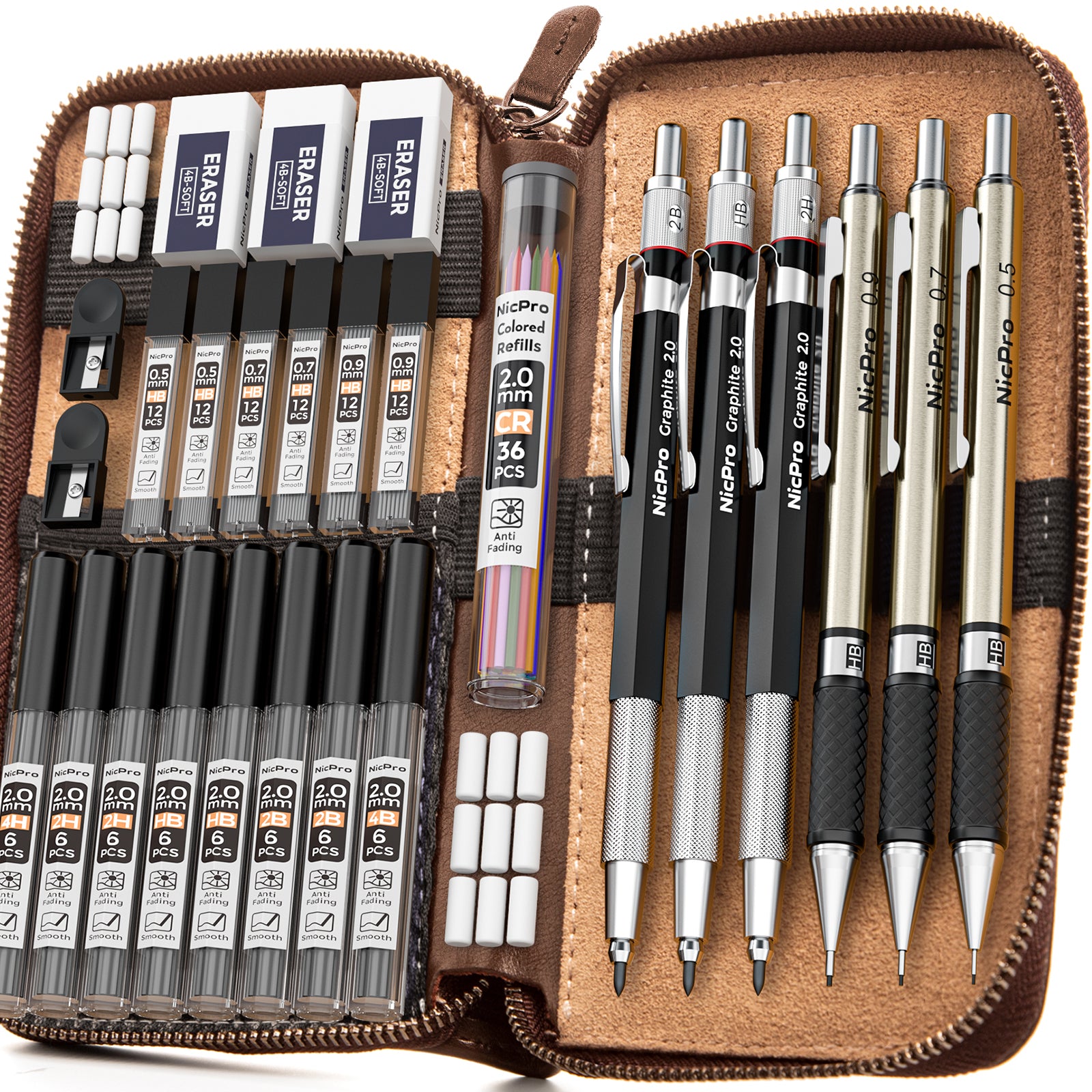 Nicpro 29PCS Art Mechanical Pencils Set in Leather Case, Metal Draftin