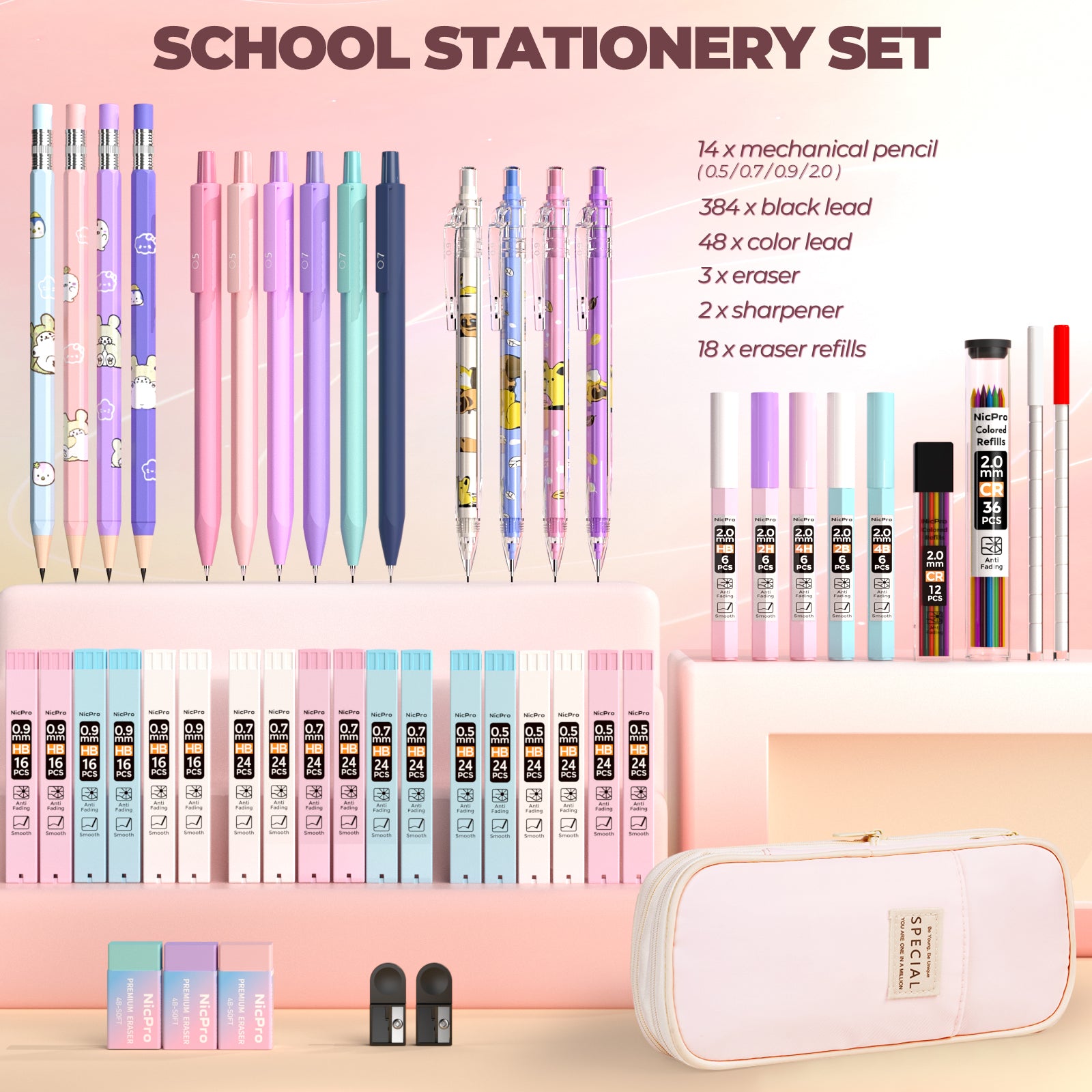 Nicpro 47Pcs Aesthetic Supplies in Big Capacity Pen Case, Cute Pastel Mechanical Pencils 0.5, 0.7, 0.9 & 2mm Lead Holder with 25 Tube Lead Refills 4B 2B HB 2H Color, Erasers