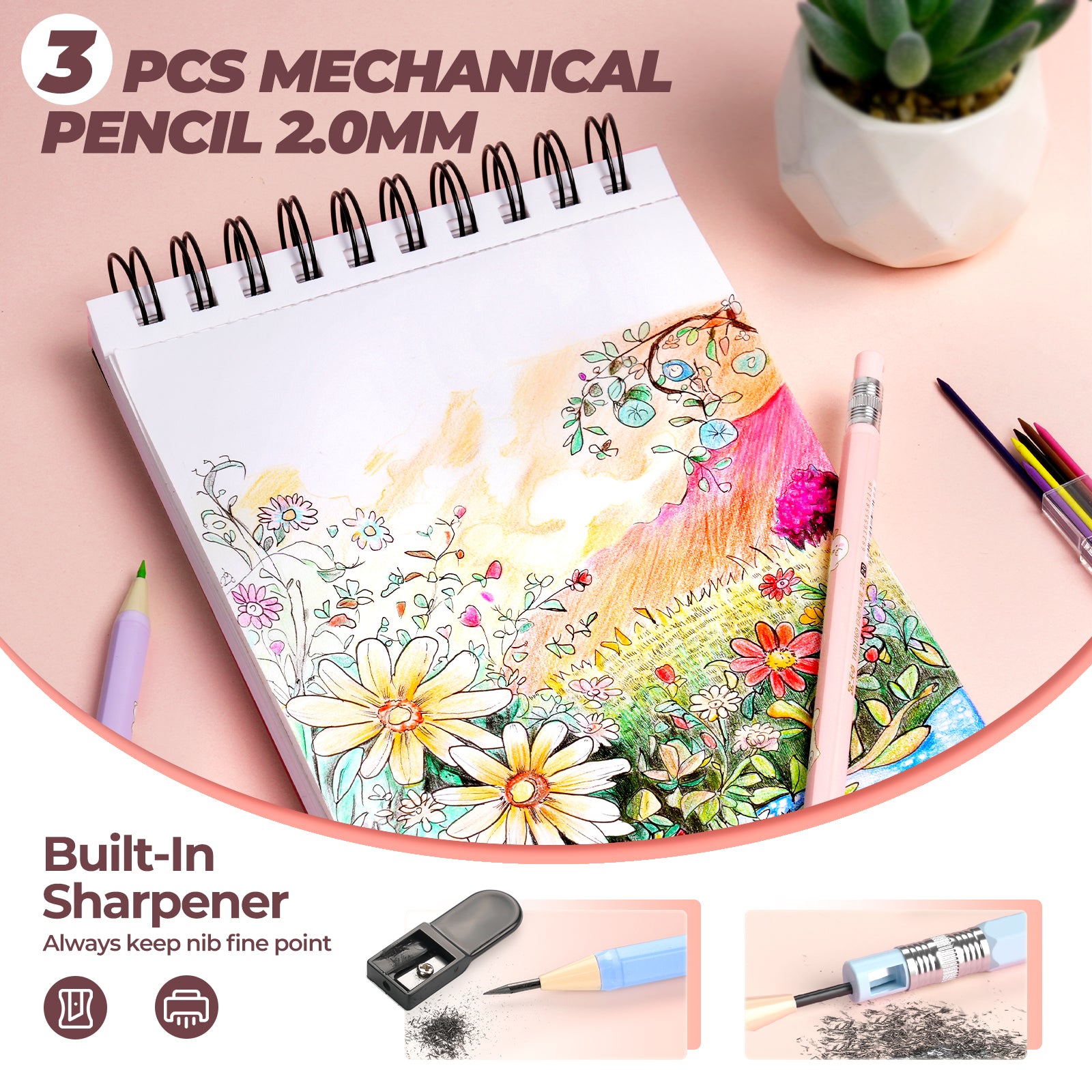 Nicpro 47Pcs Aesthetic Supplies in Big Capacity Pen Case, Cute Pastel Mechanical Pencils 0.5, 0.7, 0.9 & 2mm Lead Holder with 25 Tube Lead Refills 4B 2B HB 2H Color, Erasers