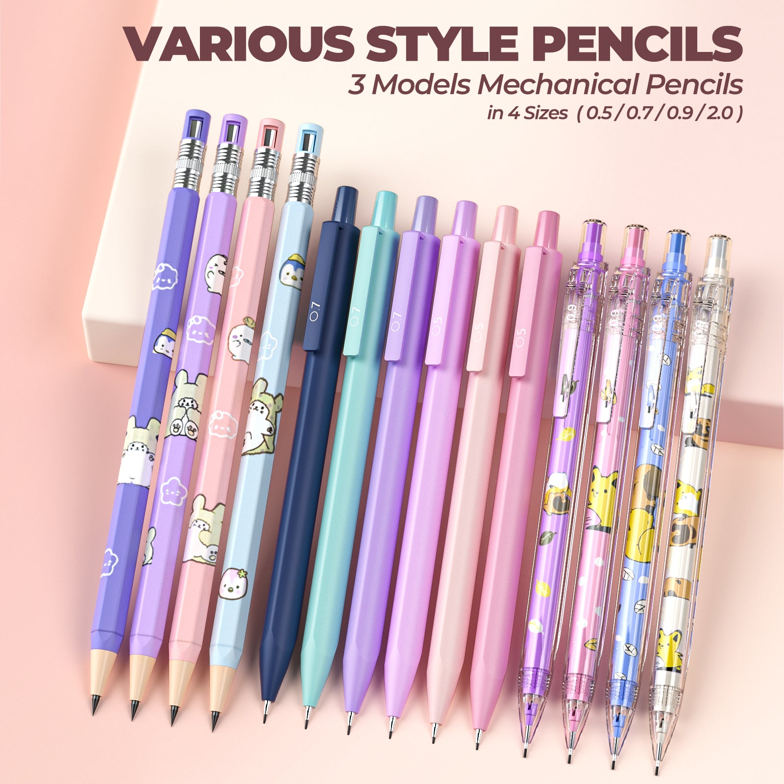 Nicpro 47Pcs Aesthetic Supplies in Big Capacity Pen Case, Cute Pastel Mechanical Pencils 0.5, 0.7, 0.9 & 2mm Lead Holder with 25 Tube Lead Refills 4B 2B HB 2H Color, Erasers