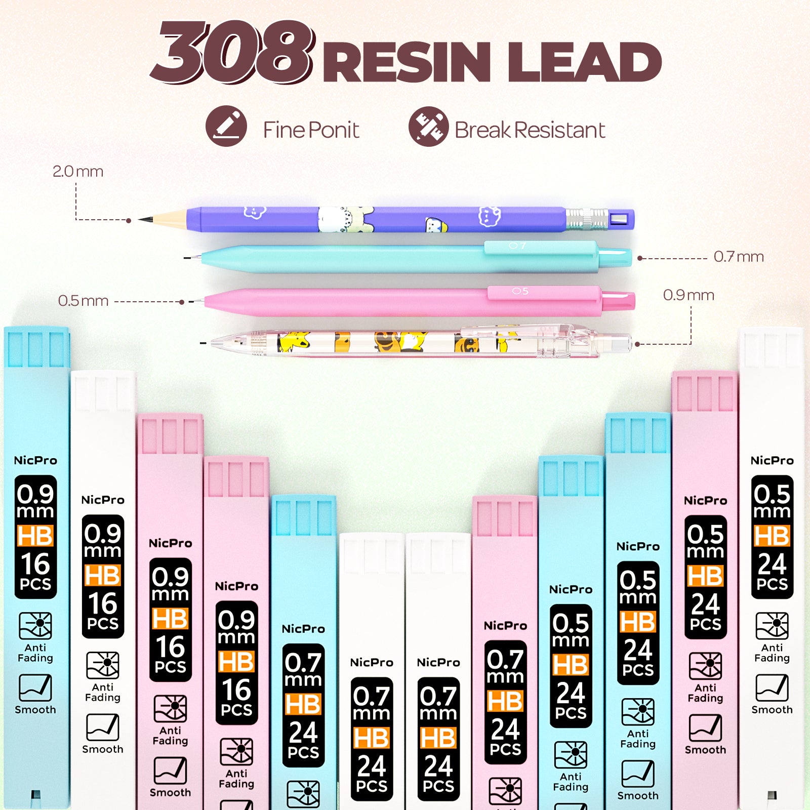 Nicpro 47Pcs Aesthetic Supplies in Big Capacity Pen Case, Cute Pastel Mechanical Pencils 0.5, 0.7, 0.9 & 2mm Lead Holder with 25 Tube Lead Refills 4B 2B HB 2H Color, Erasers
