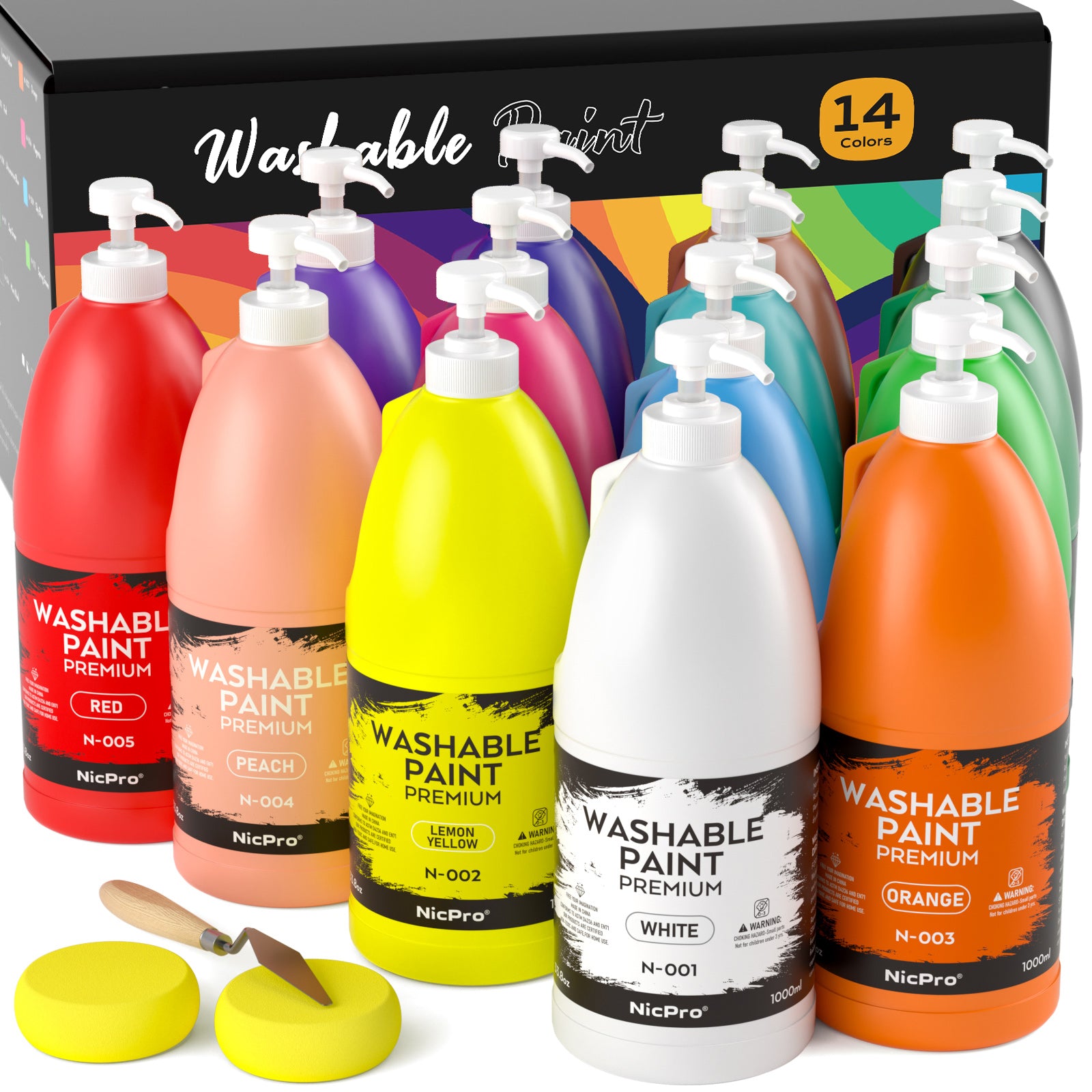 Nicpro 14 Colors Large Washable Paint Set (33.8 oz, 1000ml), Acrylic Bulk Paint Supplies Non Toxic Children Tempera Paint for Art, Craft DIY, Poster & Finger Paint, School, Home,Classroom