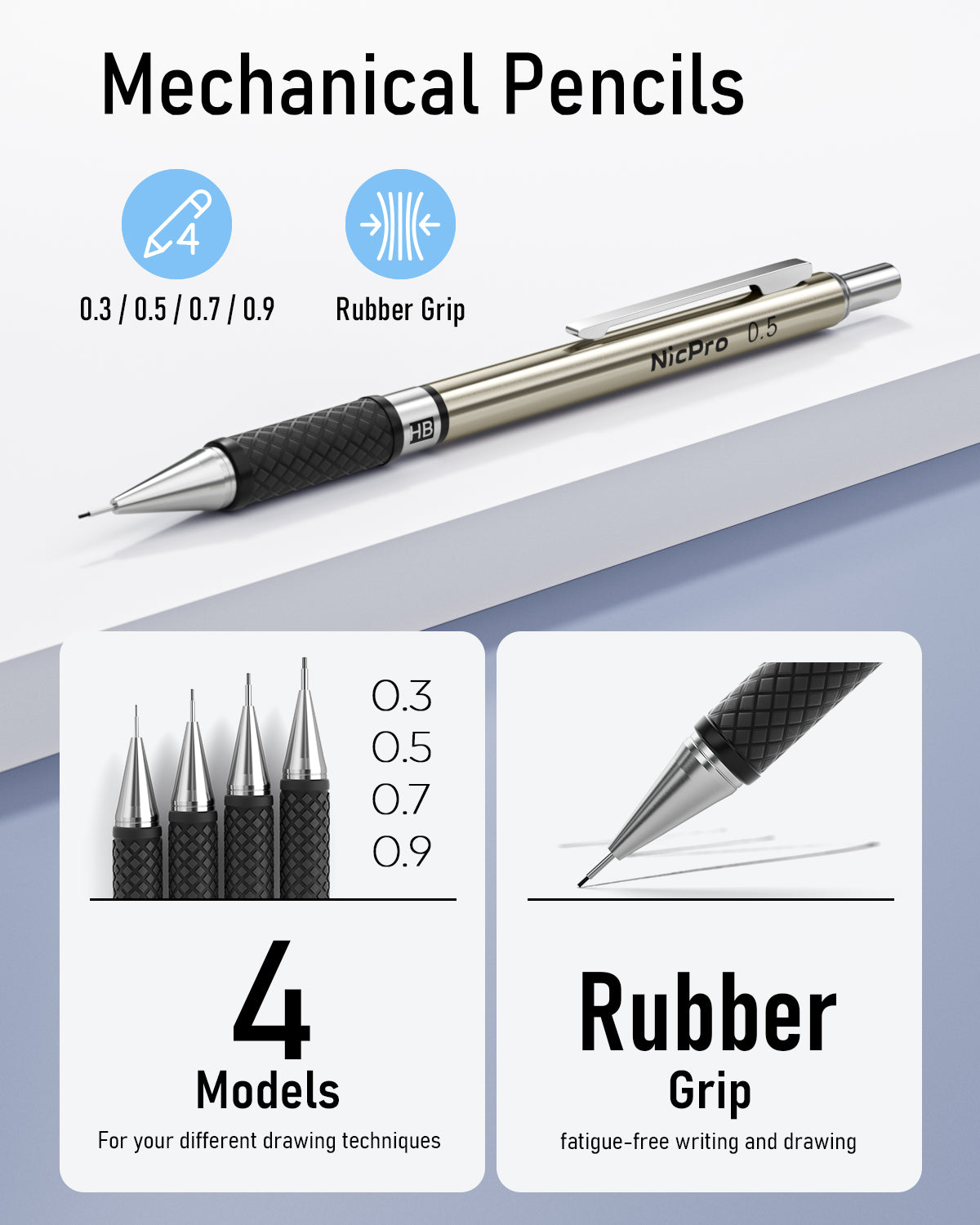 Nicpro Art Mechanical Pencil Set, 2PCS 2mm Lead Holder & 4PCS Metal Drafting Pencil 0.3mm, 0.5 mm, 0.7 mm