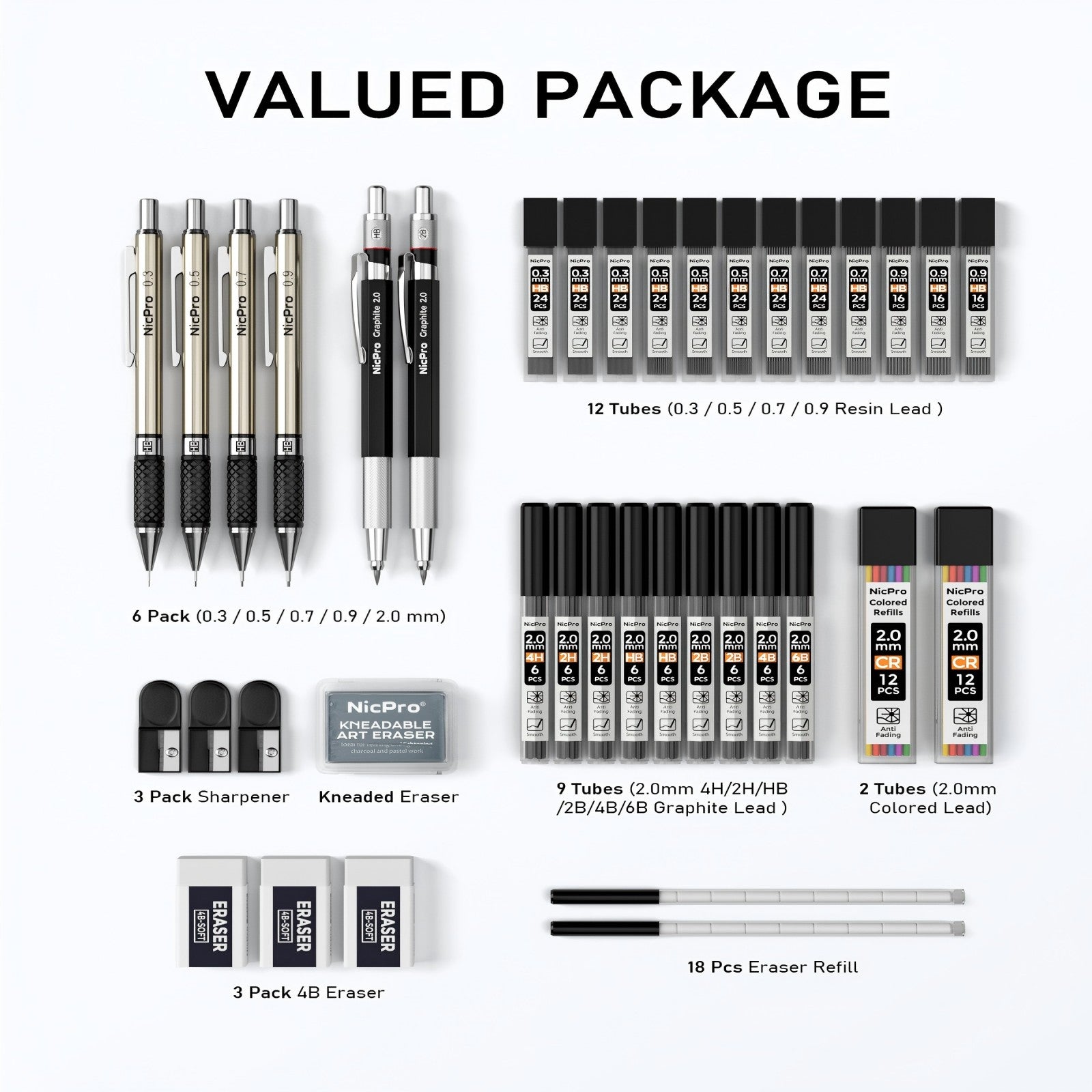 Nicpro Art Mechanical Pencil Set, 2PCS 2mm Lead Holder & 4PCS Metal Drafting Pencil 0.3mm, 0.5 mm, 0.7 mm