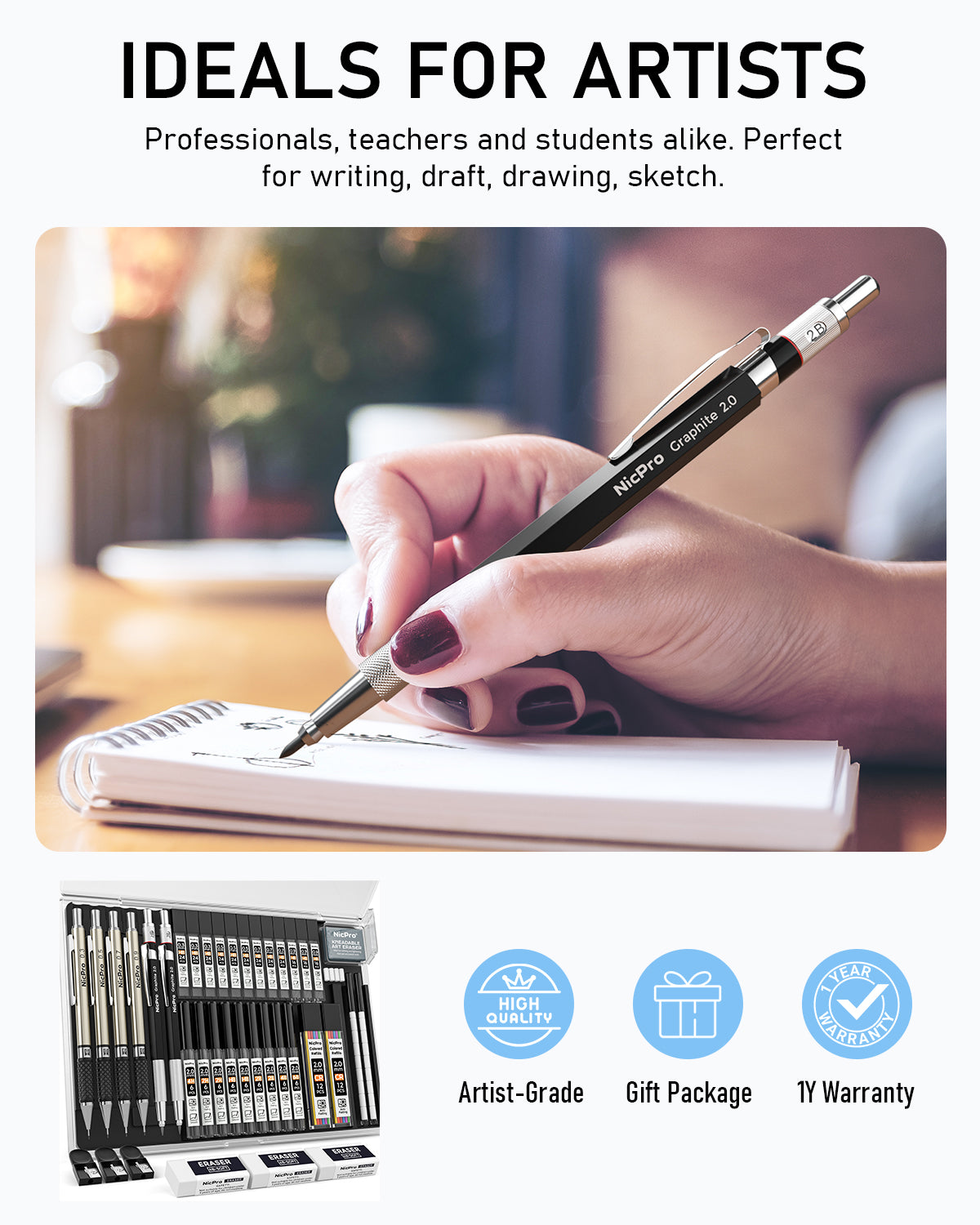 Nicpro Art Mechanical Pencil Set, 2PCS 2mm Lead Holder & 4PCS Metal Drafting Pencil 0.3mm, 0.5 mm, 0.7 mm