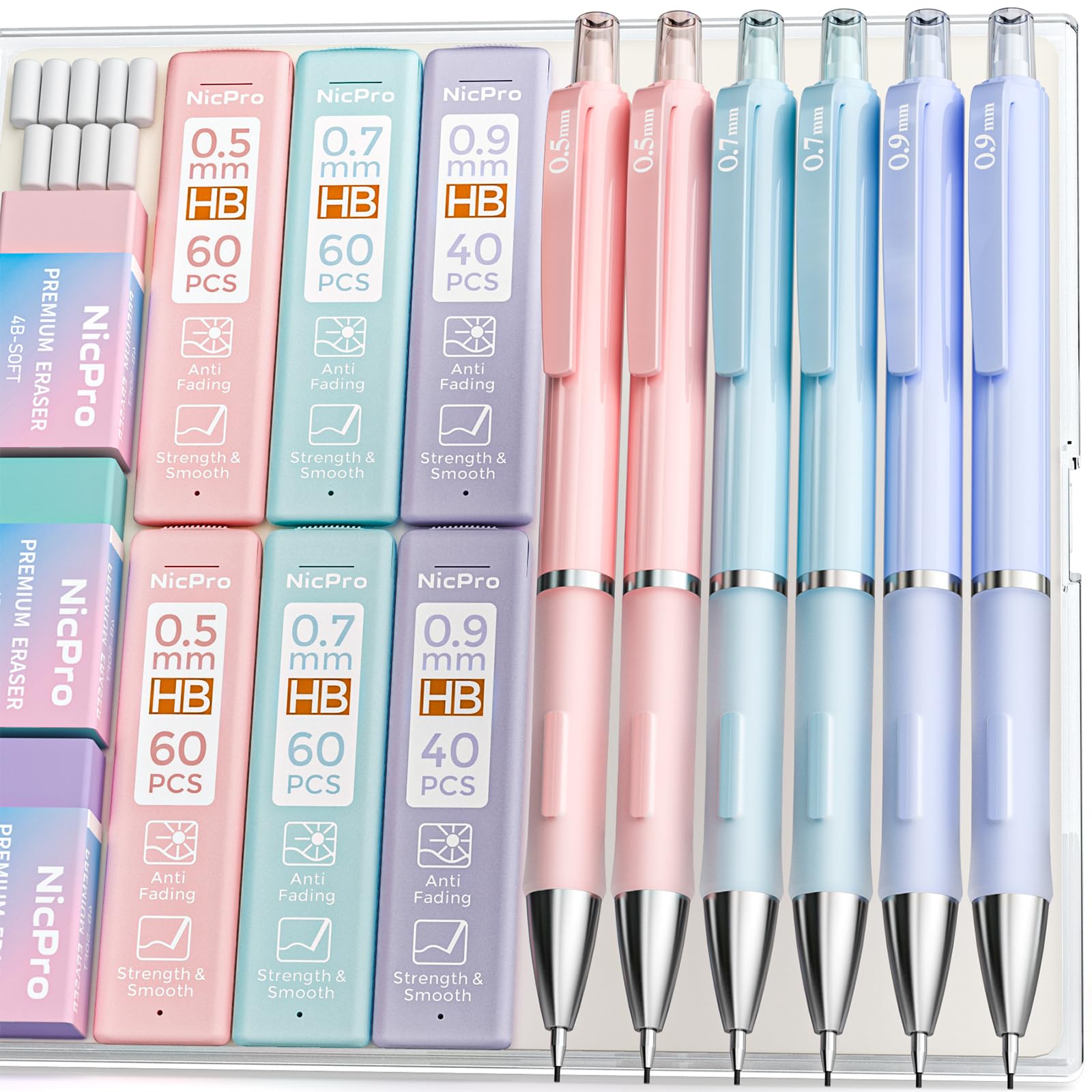 Nicpro 6PCS Pastel Mechanical Pencil Set, Cute Mechanical Pencils 0.5 mm & 0.7 mm & 0.9 mm with 360PCS HB Lead Refills, Eraser, Eraser Refill for Student Writing Drawing Sketching Drafting with Case