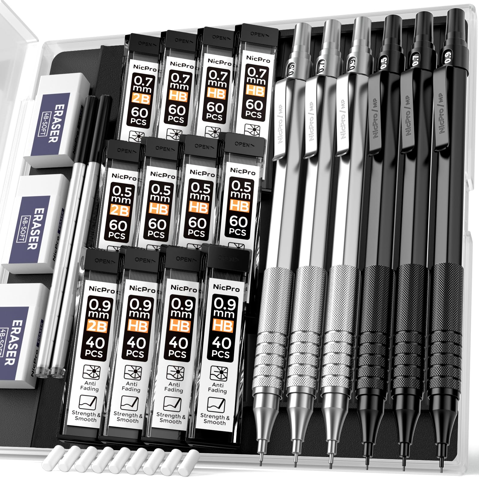 Nicpro 0.5 & 0.7 & 0.9 mm Metal Mechanical Pencil Set withCase,6PCS MP1000 Artist Lead Pencil with 12 Tubes HB & 2BLead Refills, Erasers For Architect Writing Drafting Sketching Drafting with Case