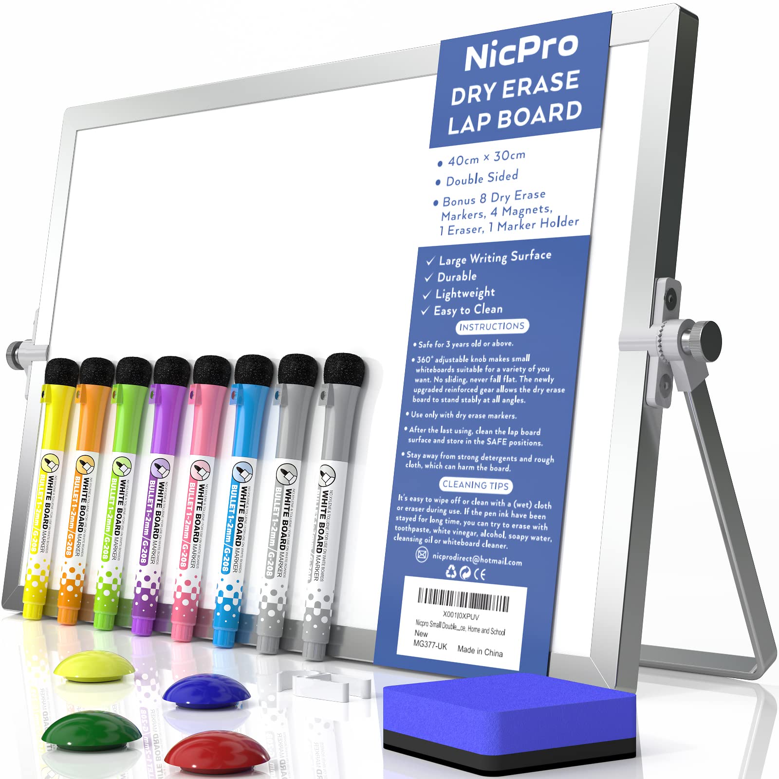 Nicpro Dry Erase Mini Whiteboard A3, 40 x 30 cm Double Sided Small Magnetic Desktop Whiteboard with Stand, 8 Pens, 1 Eraser,4 Magnet, Portable Whiteboard Easel for Kids Students School Supplies Office