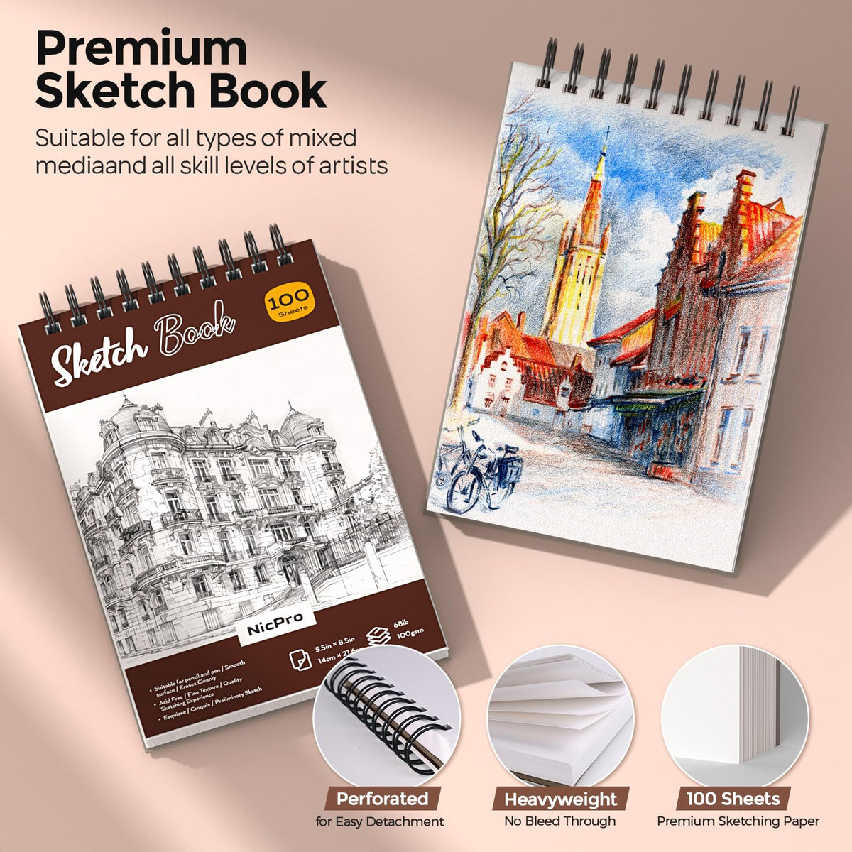 Nicpro 180 PCS Art Drawing Supplies Kit, Pro Art Supplies for Adult & Teens, Sketch Kit with 100 Sheets 3-Color Sketchbook, Micron Pen, Metal Mechanical Pencil, Charcoal Pencil & Sticks, Gift for Artist
