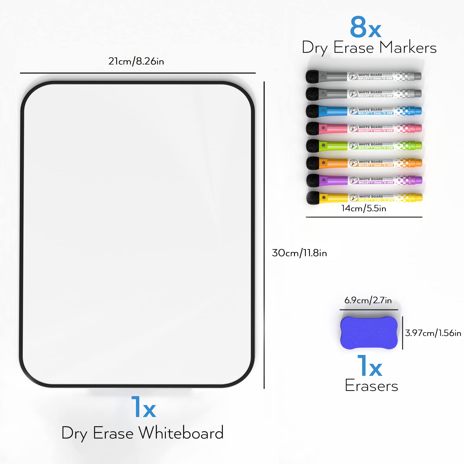 Nicpro Dry Erase Whiteboard A4, Magnetic Double Sided 21 x 30 cm White Board with Black Border, Including 8 Water-Based Pens and 1 Eraser for Kid Writing & Drawing Student School, Home, Classroom Use