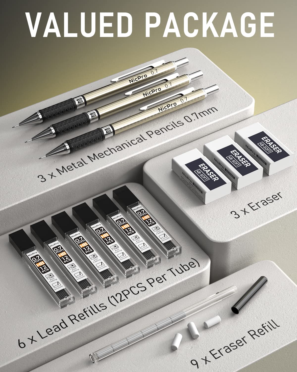 Nicpro 0.7 mm Art Mechanical Pencils Set in Storage Case, 3 PCS Metal Drafting Pencil Lead Pencil with 6 Tube HB Lead Refills, 3 Erasers, 9 PCS Eraser Refills for Artist Writing, Drawing, Sketching