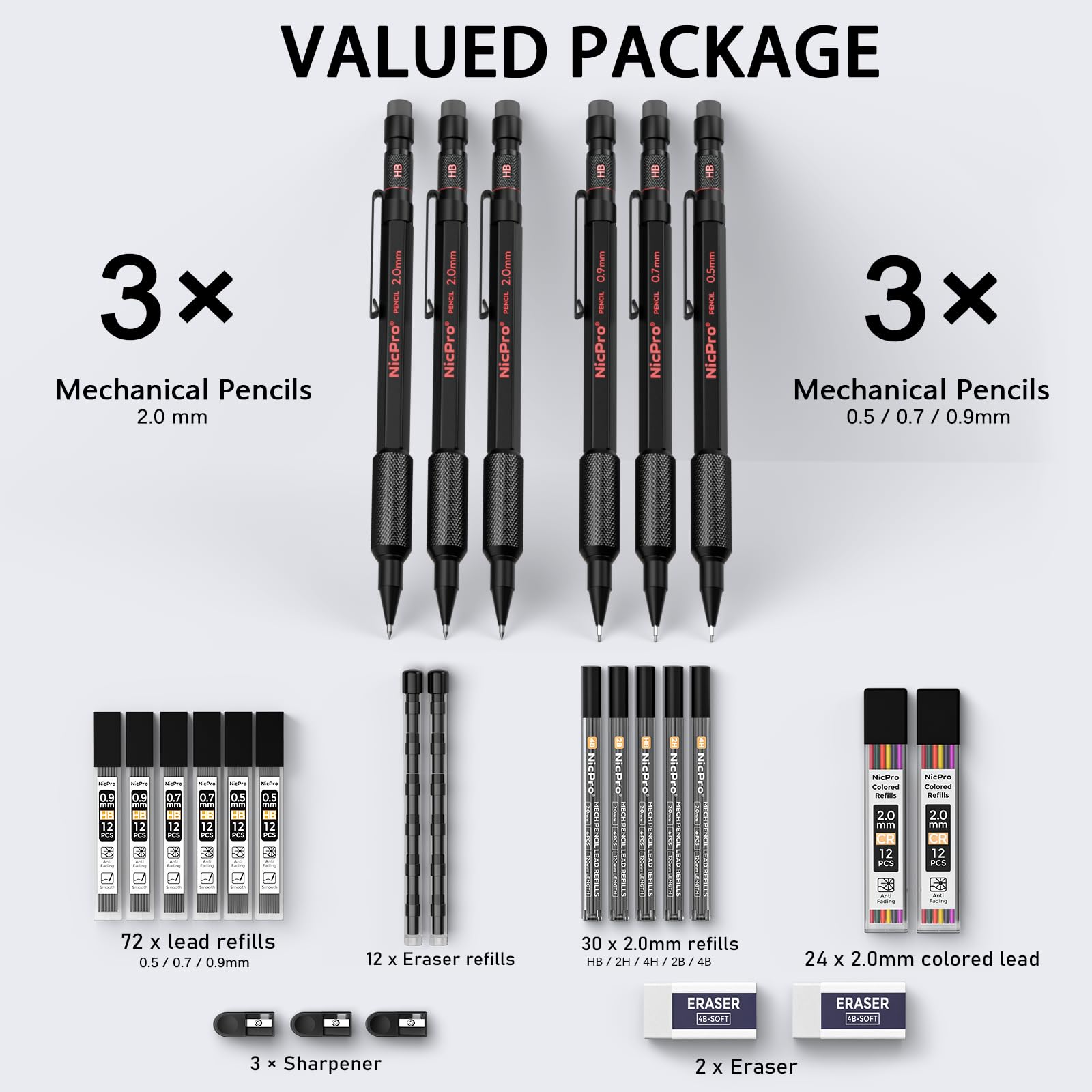 Nicpro 27PCS Art Mechanical Pencils Set in Case, Metal Drafting Pencil 0.5, 0.7, 0.9 mm & 2mm with 13 Tube Lead Refills(4B 2B HB 2H 4H Colors) Weatherproof Barrel for Outdoor Writing Drawing Sketching