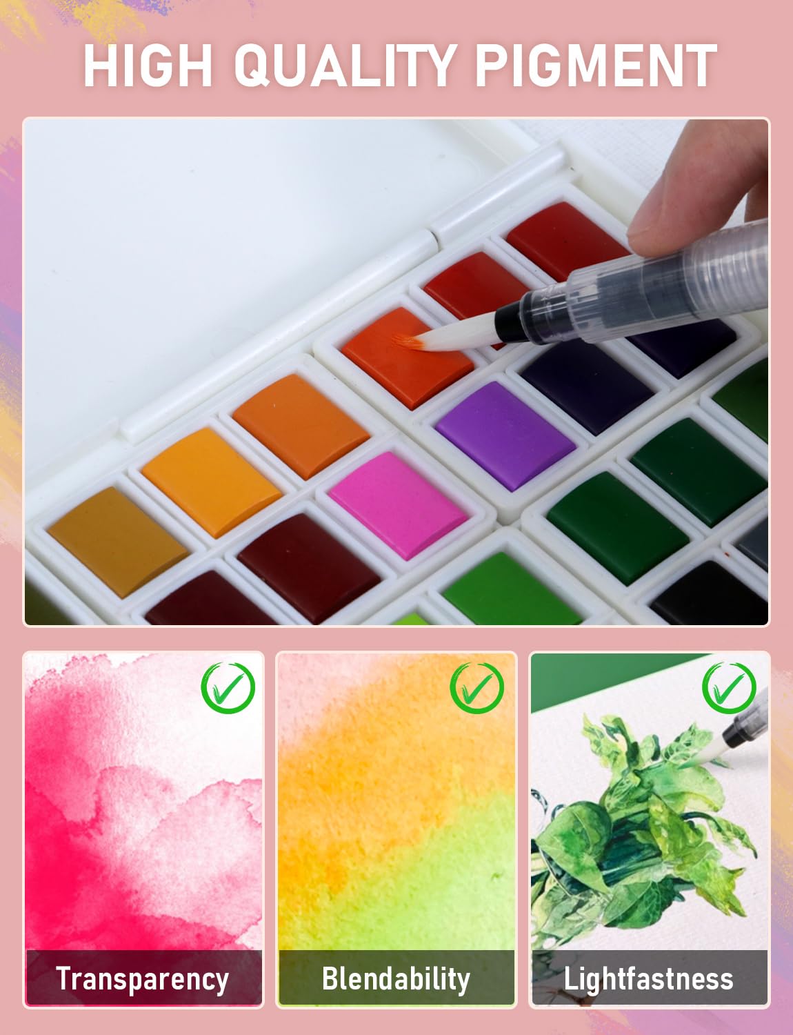 Nicpro 48 Colors Watercolor Paint Set with 8PCS Squirrel Painting Brushes, 25 Sheet Water Color Paper, 2 Water Brush Pens, Palette, Sponge, Art Supplies Kit for Artist Adult Kid Beginner with Gift Box