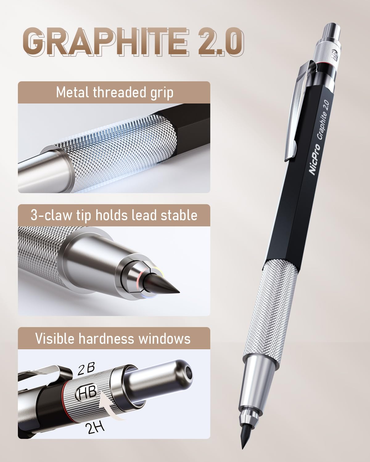 Nicpro 35PCS Art Mechanical Pencil Set, 3 PCS Metal Drafting Pencil 0.
