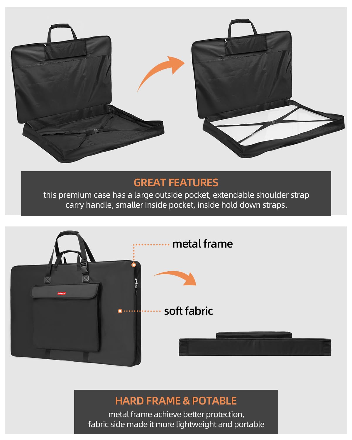 Nicpro Upgrade Art Portfolio Bag 20 x 26 Inches Waterproof Nylon Artist Carrying Bag Hard Sided Sturdy with Shoulder Strap,Storage Case for Artwork Sketch Drawing Canvas Photography Poster Solar Panel