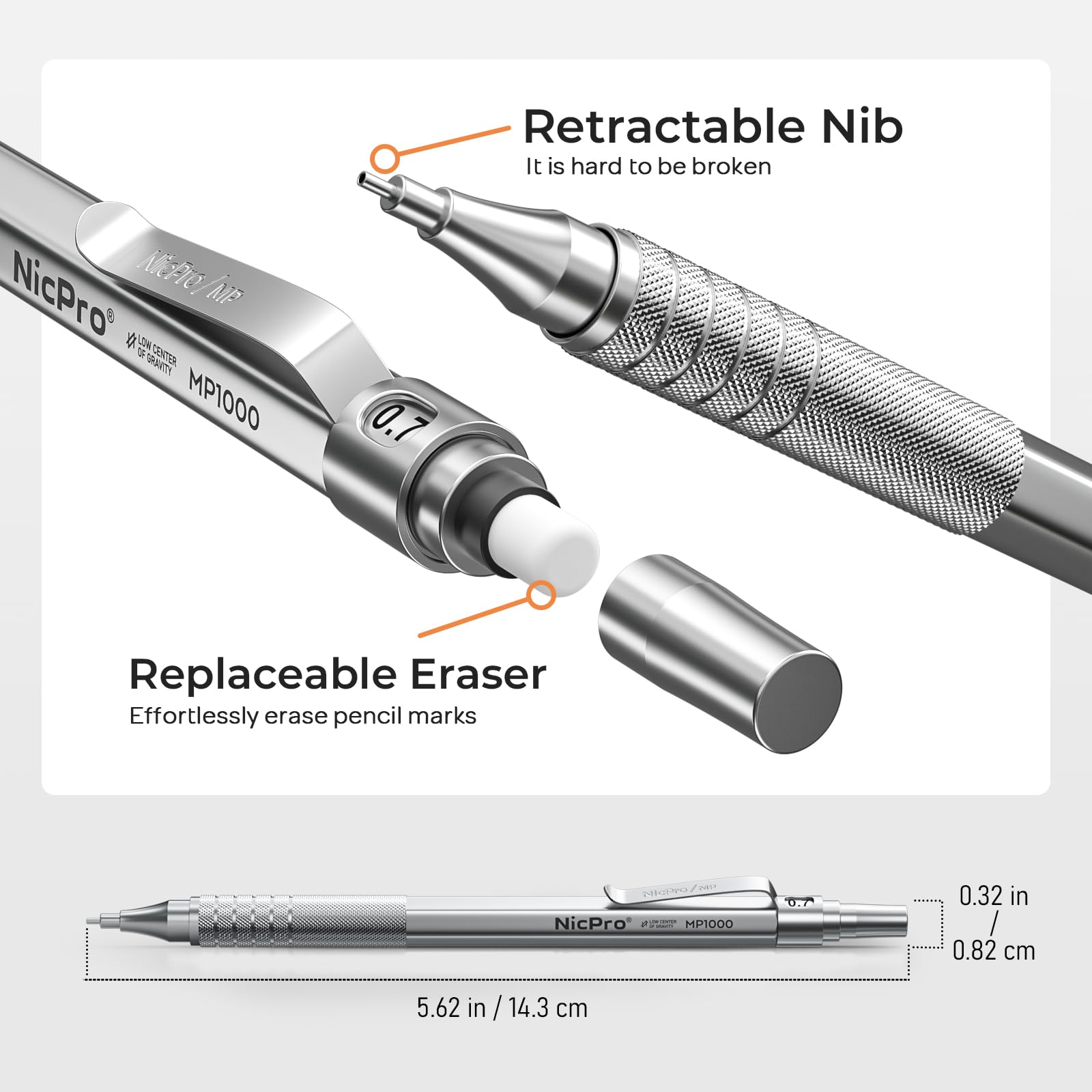 Nicpro 2 PCS Mechanical Pencil 0.5mm & 0.7 mm with Case, MP1000 Metal Artist Pencil Set with 4 Tubes HB Lead Refills, 2 Erasers, 9 Eraser Refills For Art Writing Drafting, Drawing, Sketch, Silver
