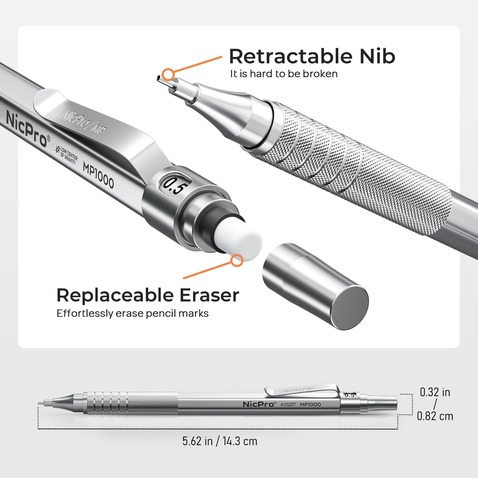 Nicpro 2 PCS Mechanical Pencils 0.5mm & 0.7 mm with Case, MP1000 Metal Artist Pencil Set with 4 Tubes HB Lead Refills, 2 Erasers, 9 Eraser Refills For Art Writing Drafting Drawing, Black & Silver