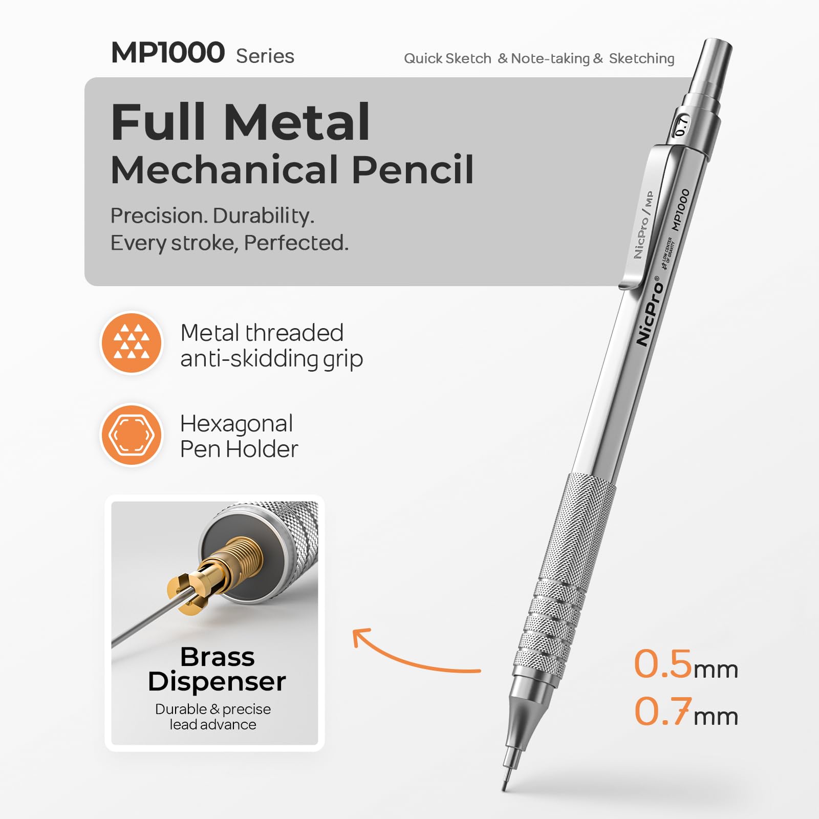 Nicpro 2 PCS Mechanical Pencil 0.5mm & 0.7 mm with Case, MP1000 Metal Artist Pencil Set with 4 Tubes HB Lead Refills, 2 Erasers, 9 Eraser Refills For Art Writing Drafting, Drawing, Sketch, Silver
