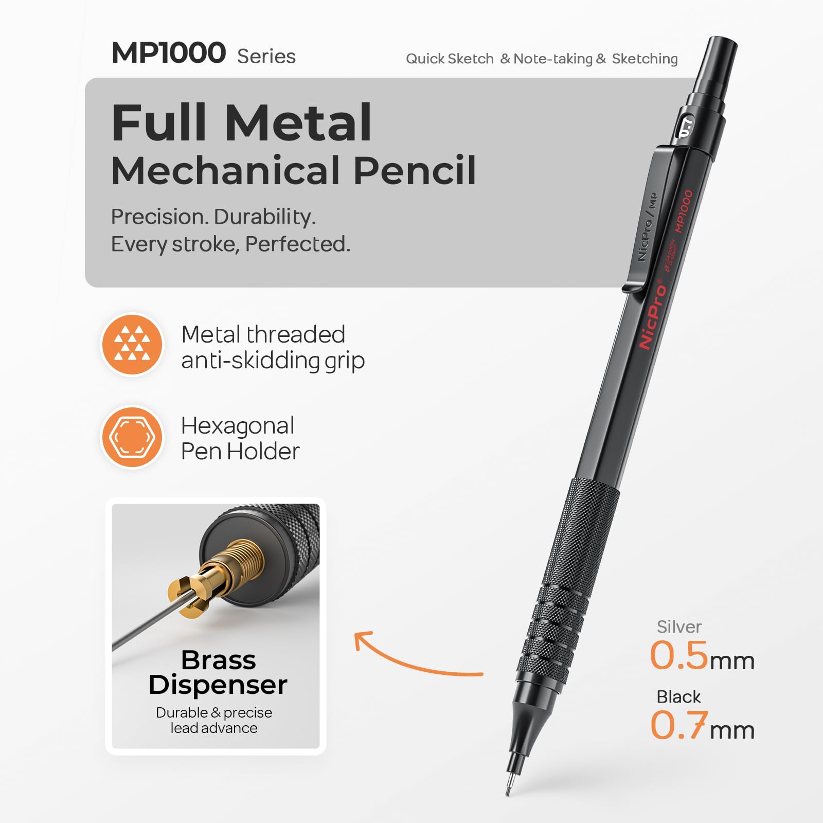 Nicpro 2 PCS Mechanical Pencils 0.5mm & 0.7 mm with Case, MP1000 Metal Artist Pencil Set with 4 Tubes HB Lead Refills, 2 Erasers, 9 Eraser Refills For Art Writing Drafting Drawing, Black & Silver