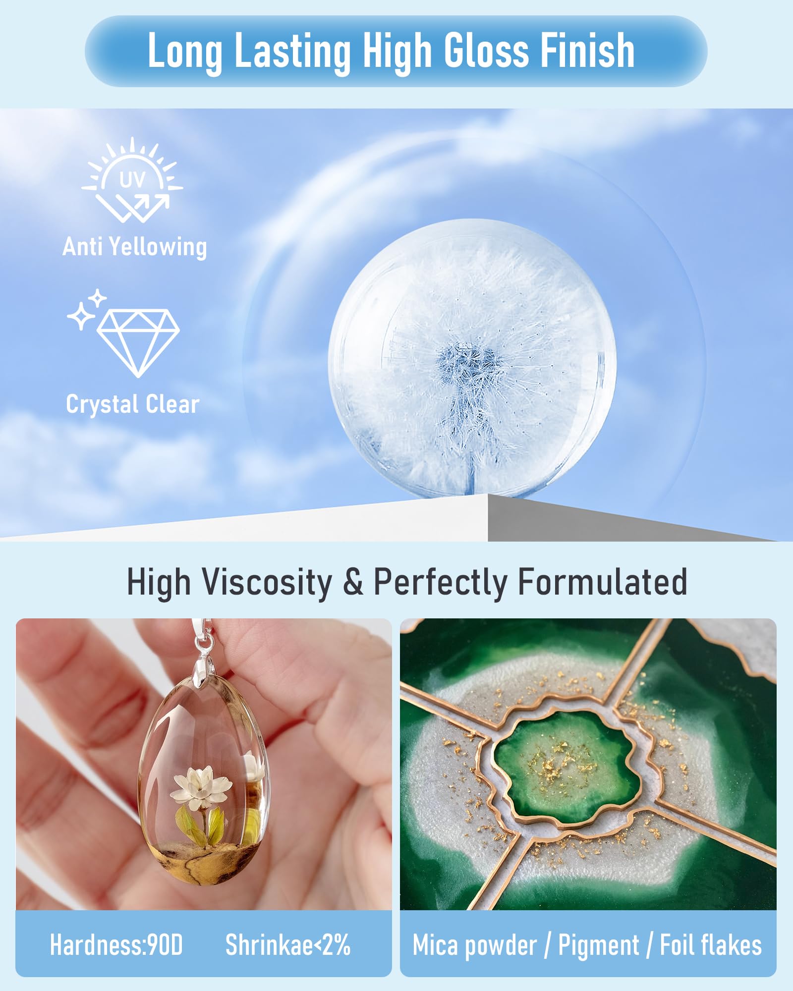 Nicpro UV Resin 200g, 2 PCS Upgraded Ultraviolet Epoxy Resin Crystal Clear Hard Glue Low Odor Solar Cure Sunlight, UV Light Cure Activated Resin for Jewelry Making, DIY Crafts, Coating & Casting