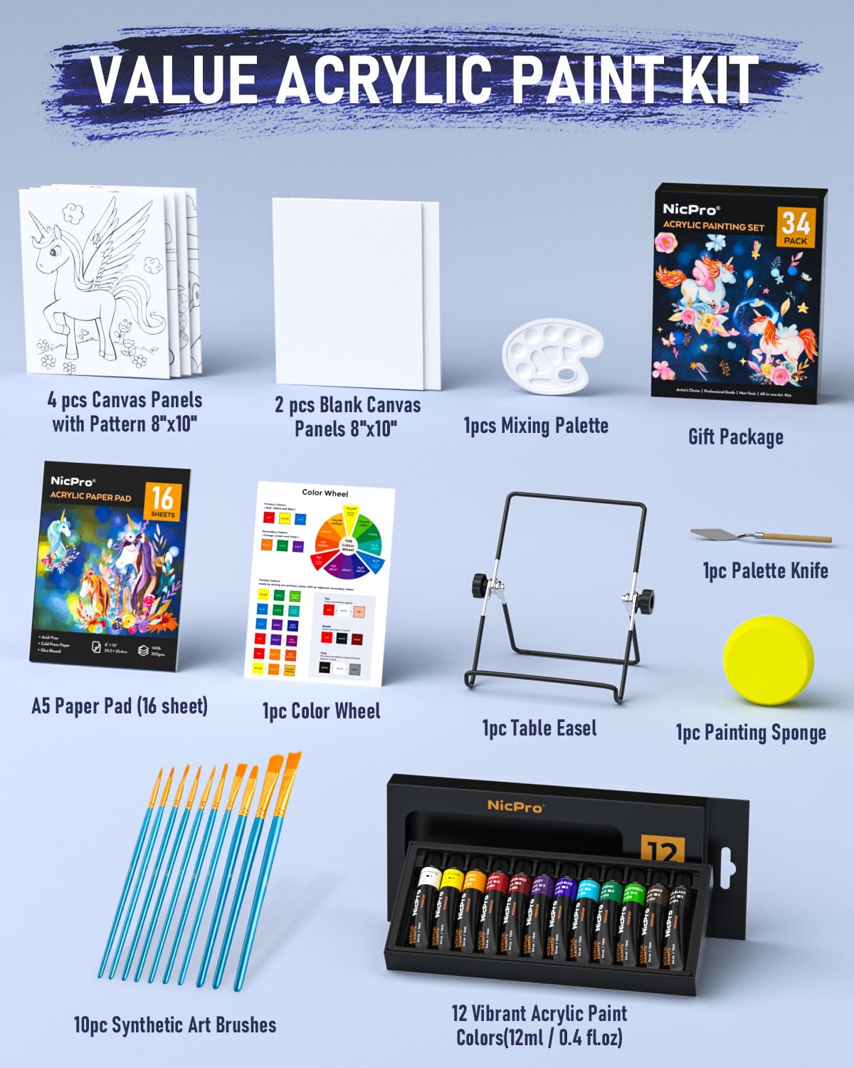 Nicpro 34PCS Kids Acrylic Paint Set with Pattern Canvas, Art Painting Supplies Kit with 12 Paints, 10 Brushes, 6 Canvas Panels, Table Easel, Paper Pad,Color Wheel,Palette for Beginner Student Toddlers