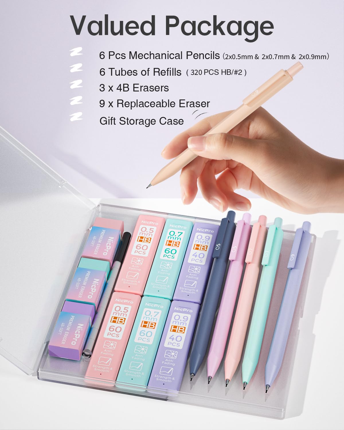Nicpro 6PCS Pastel Mechanical Pencil Set, 0.5 & 0.7 & 0.9 mm with 6 Tubes HB Lead Refill, 3PCS Eraser and 9PCS Eraser Refill for Student Writing Drafting, Drawing, Sketching-with Cute Case