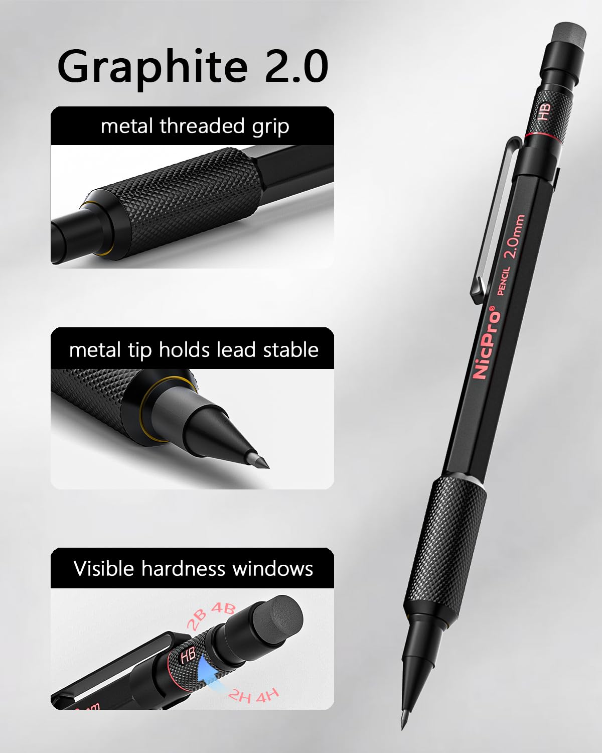 Nicpro 27PCS Art Mechanical Pencils Set in Case, Metal Drafting Pencil 0.5, 0.7, 0.9 mm & 2mm with 13 Tube Lead Refills(4B 2B HB 2H 4H Colors) Weatherproof Barrel for Outdoor Writing Drawing Sketching