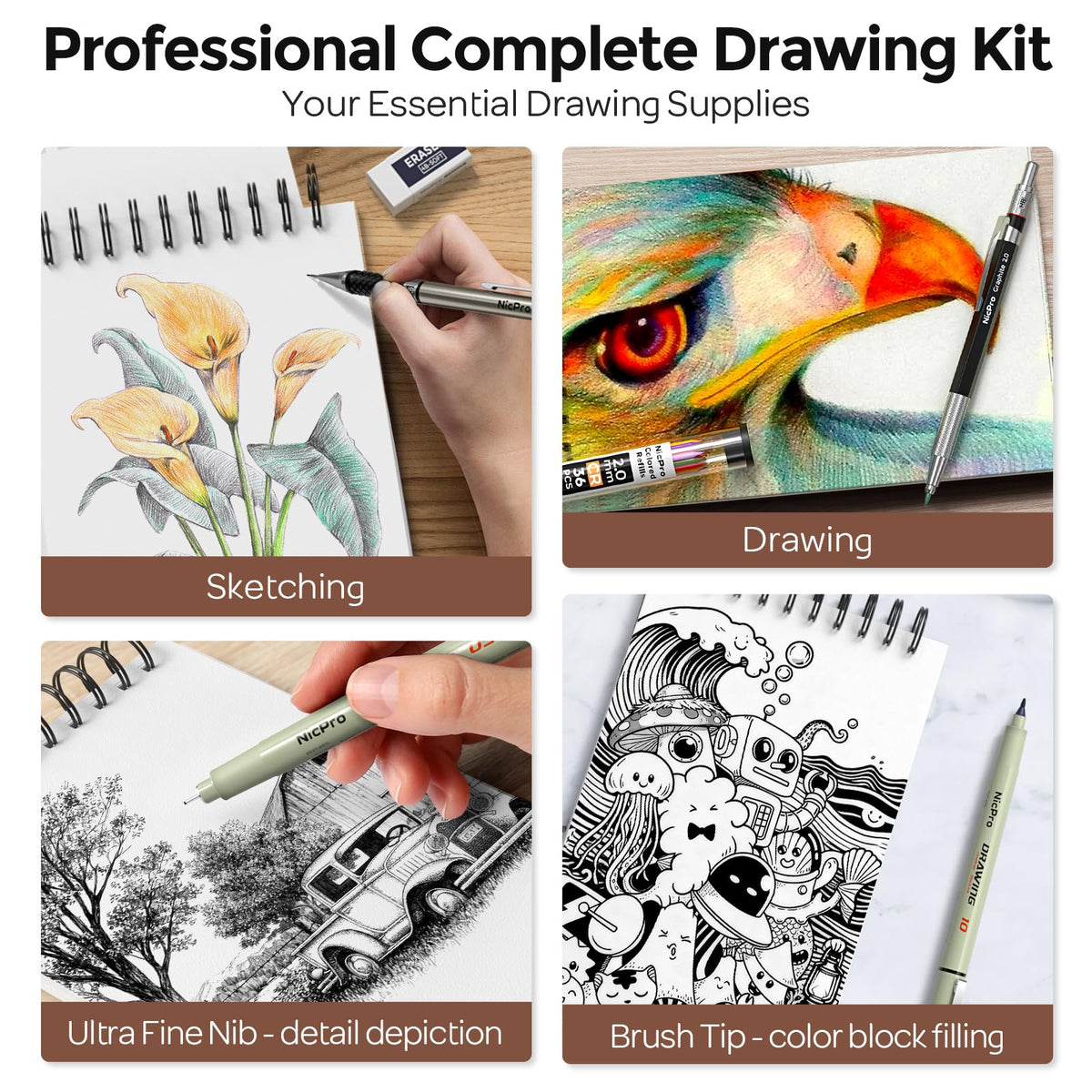 Nicpro 180 PCS Art Drawing Supplies Kit, Pro Art Supplies for Adult & Teens, Sketch Kit with 100 Sheets 3-Color Sketchbook, Micron Pen, Metal Mechanical Pencil, Charcoal Pencil & Sticks, Gift for Artist