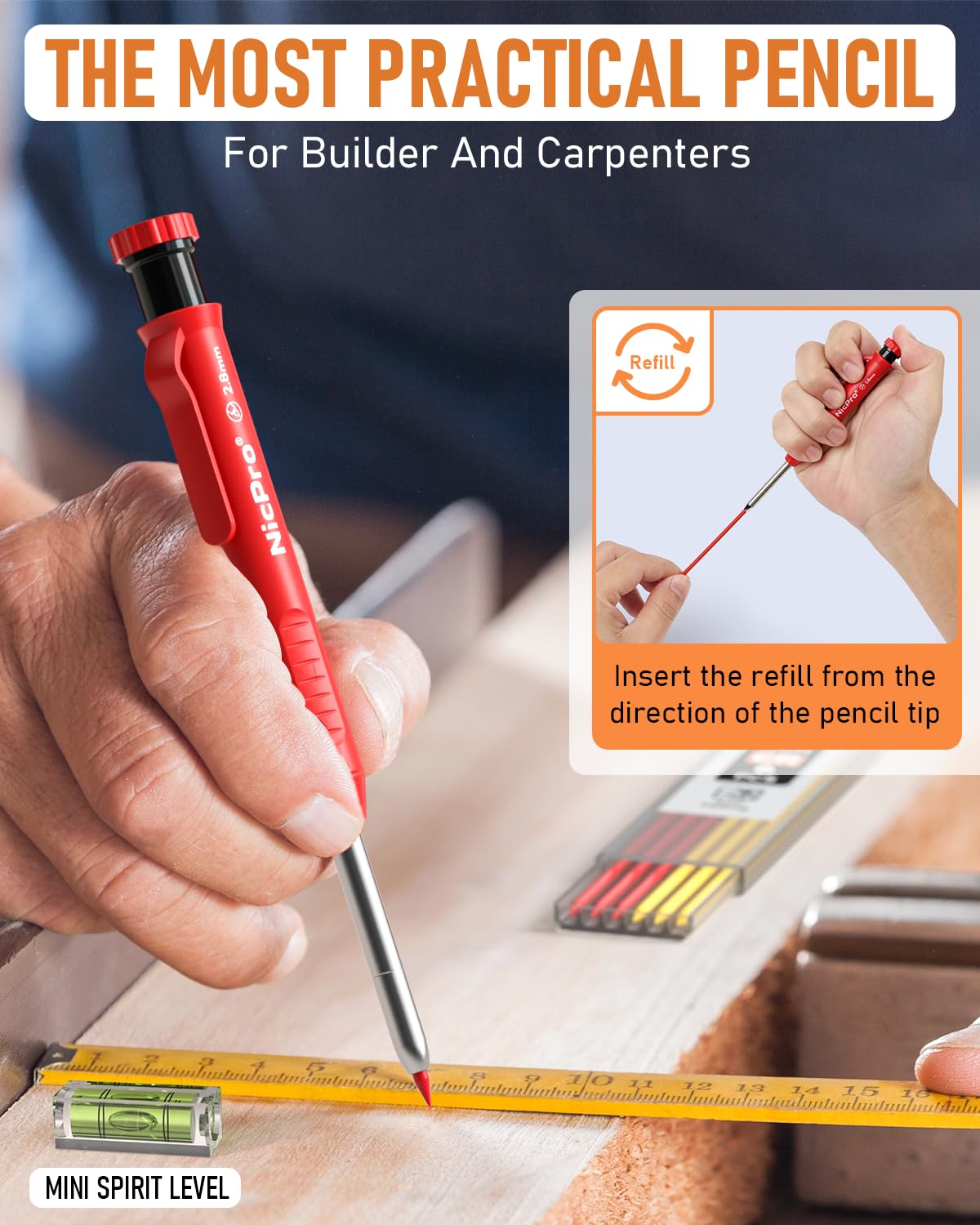 Nicpro 28 Pack Carpenter Pencil Set with Sharpener, Mechanical Carpenter Pencils with 127PCS Refills and Carbide Scribe Tool, Heavy Duty Construction Pencils for Architect Woodworking-With Canvas Case