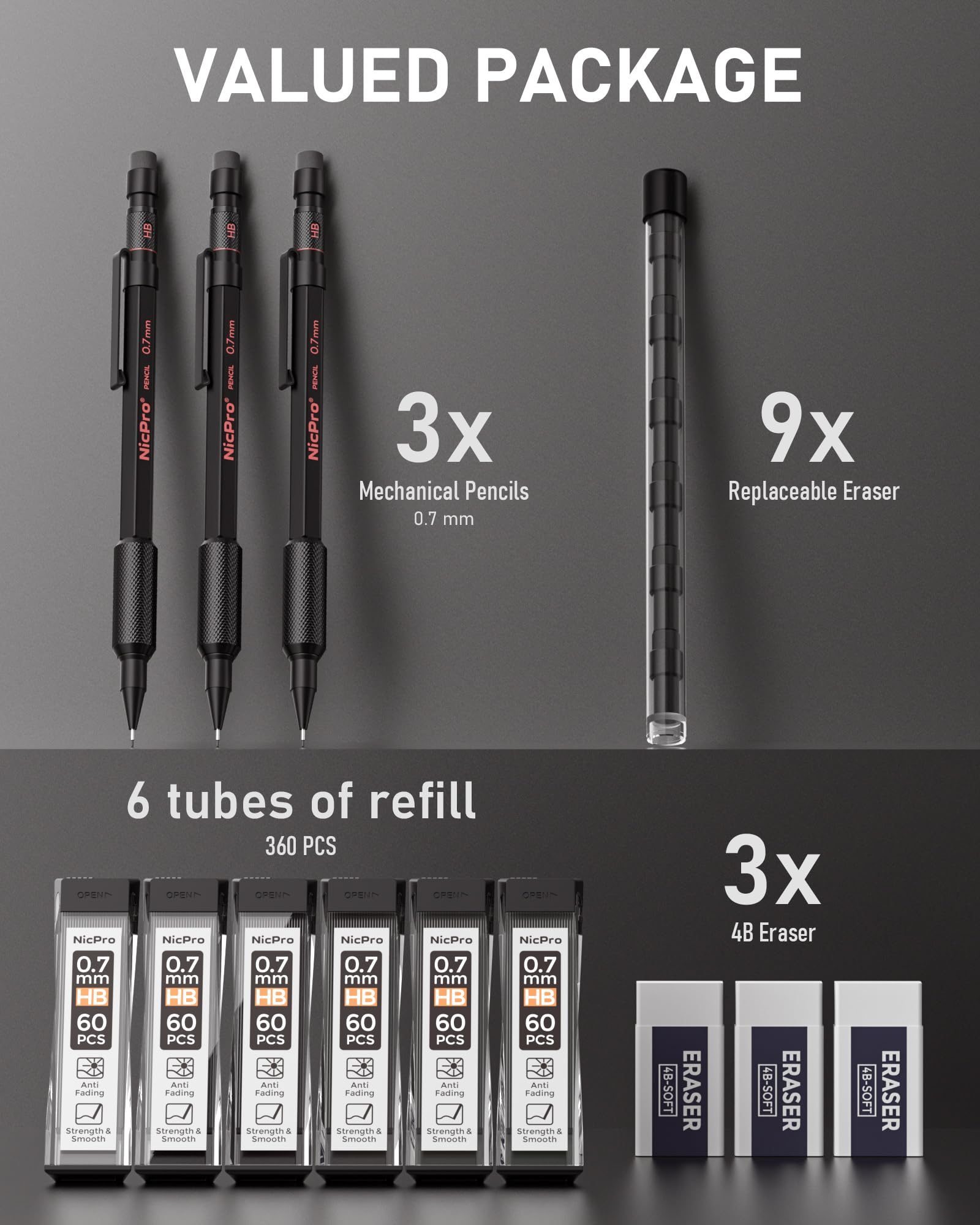 Nicpro 0.7 mm Mechanical Pencils Set with Case, 3PCS Professional Metal Artist Mechanical Pencil With 6 Tube HB Lead Refills, Eraser, Weatherproof Barrel for Outdoor Writing Drafting Drawing Sketching