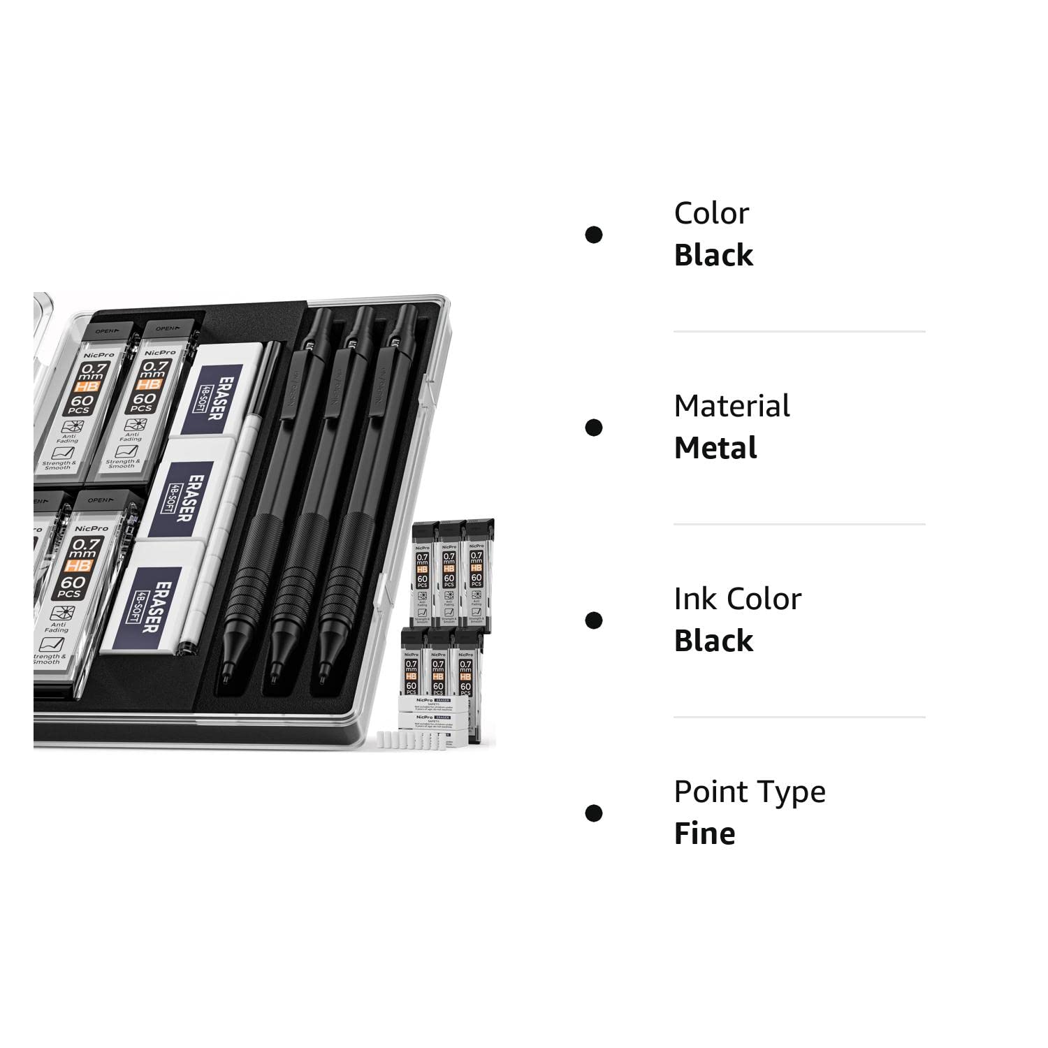 Nicpro 0.7 mm Mechanical Pencils Set with Case, 3 Metal Artist Pencil With 8 Tube HB Lead Refills, 3 Erasers, 9 Eraser Refills For Architect Art Writing Drafting Drawing, Engineering, Sketching, Black