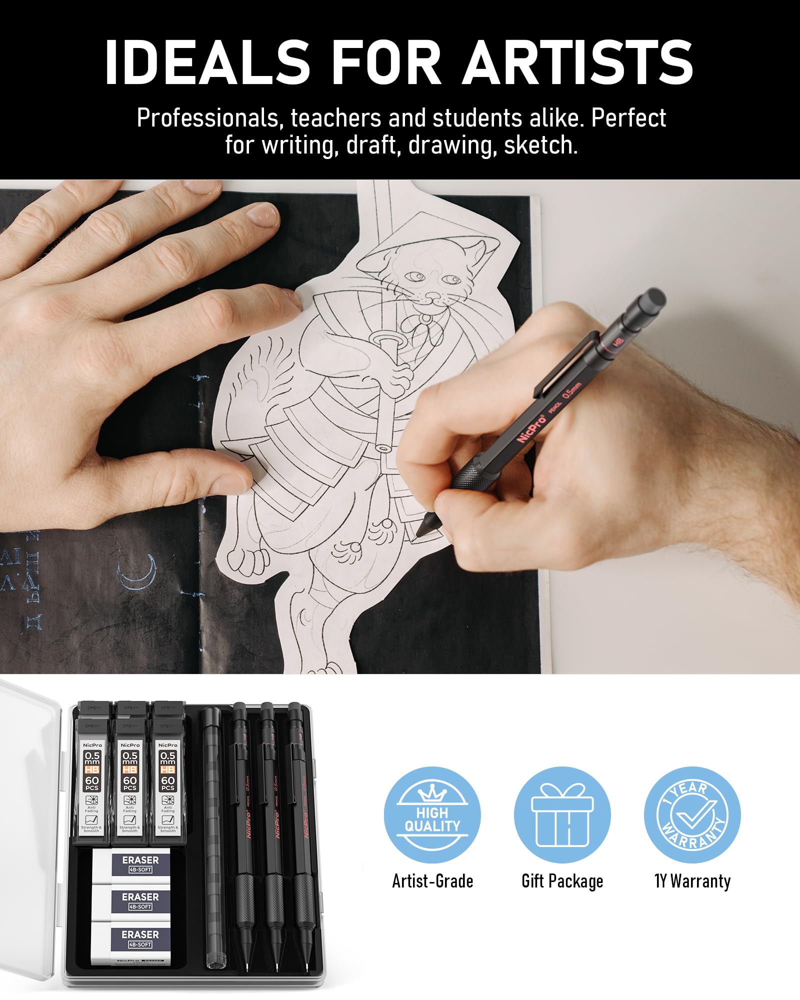 Nicpro 0.7 mm Mechanical Pencils Set with Case, 3PCS Professional Metal Artist Mechanical Pencil With 6 Tube HB Lead Refills, Eraser, Weatherproof Barrel for Outdoor Writing Drafting Drawing Sketching