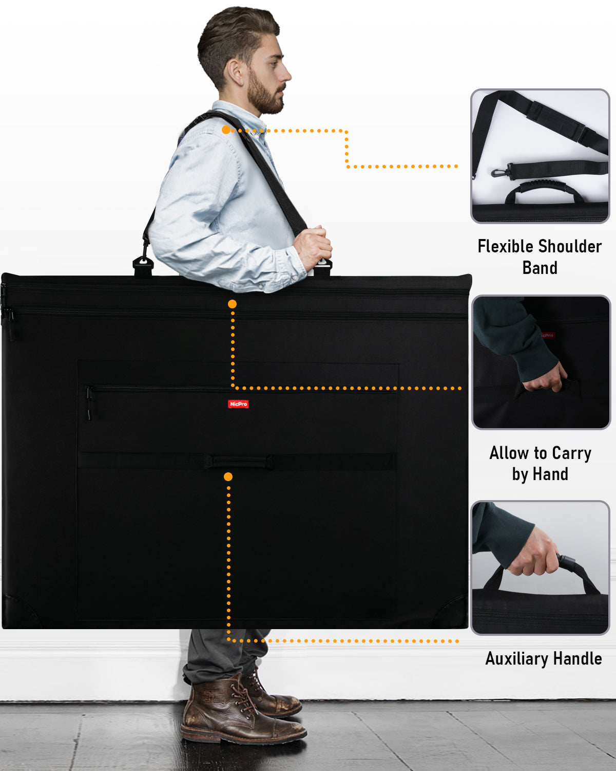 Nicpro Light Weight Art Portfolio Bag, 32 x 42 Black Art Canvas Portfolio Case with Detachable Shoulder Strap, Leather Corners, Carrying Storage Case for Artwork, Poster, Sketching, and Drawing