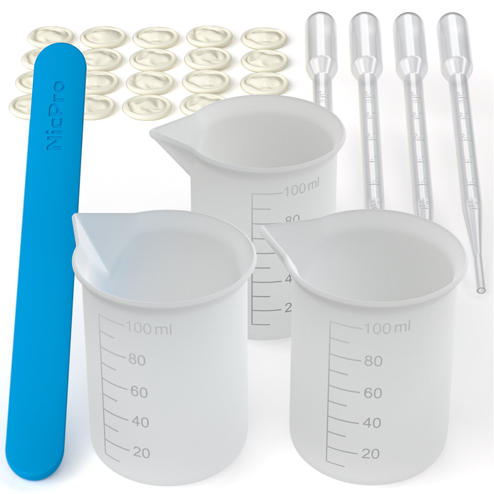 Nicpro 100 ml Silicone Measuring Cups Kit with Silicone Popsicle Stir Stick, Pipettes, Finger Cots for Epoxy Resin Mixing, Molds, Glue，Jewelry Making, Waxing, Easy Clean