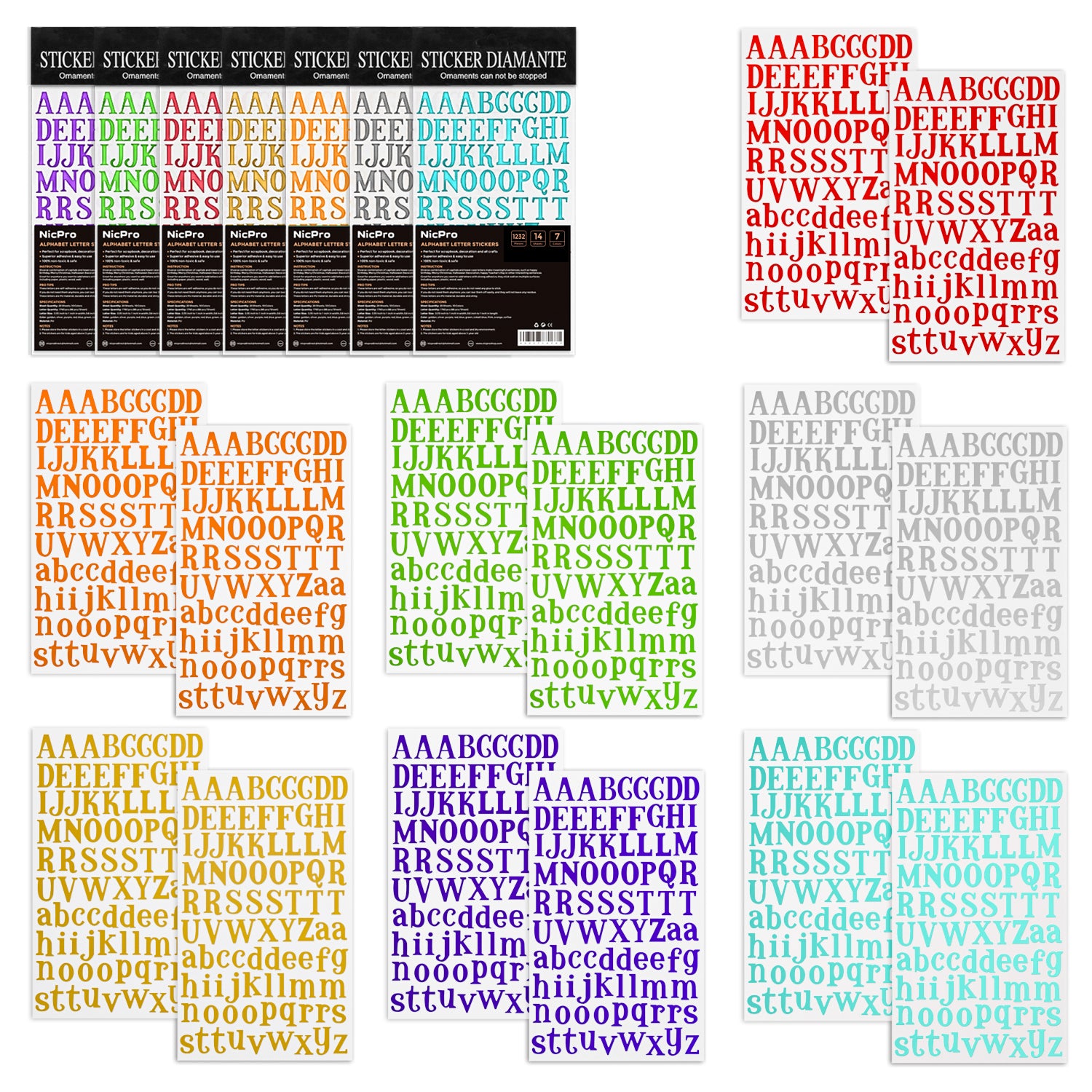Nicpro Alphabet Letter Stickers 20 Sheet Self Adhesive ABC Sticker 10 Colors Vinyl PU Leather Metallic Finish for DIY Scrapbook Birthday Card Craft Lettering