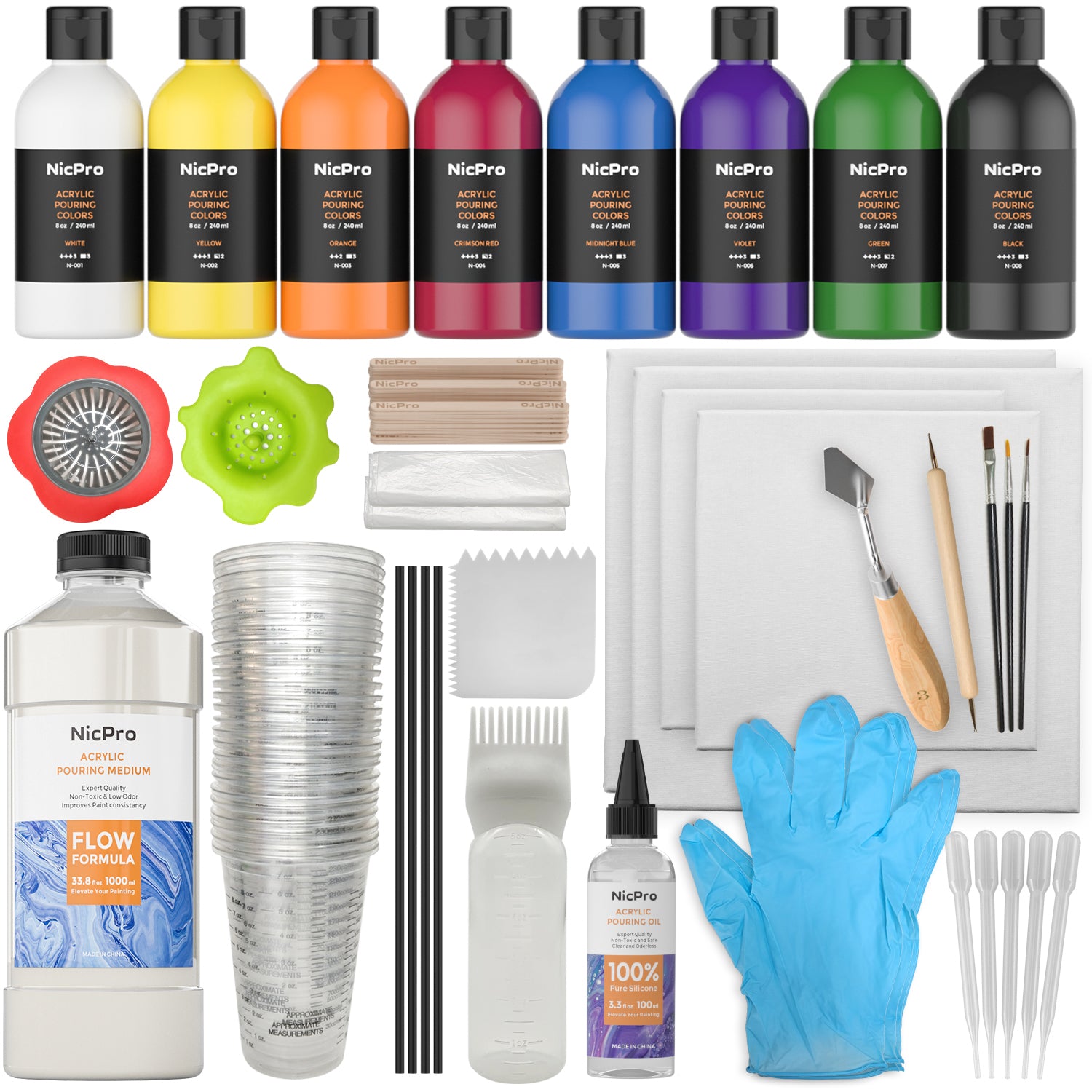Nicpro 115 Pack Large Volume Acrylic Pouring Art Supplies , 8 Basic Colors 8 oz Acrylic Paints Set, Pouring Medium Starter Kit with Pour Oil, 4 Pack Canvases, Cups, Mixing Sticks, Gloves, Strainers, Brushes for Painting