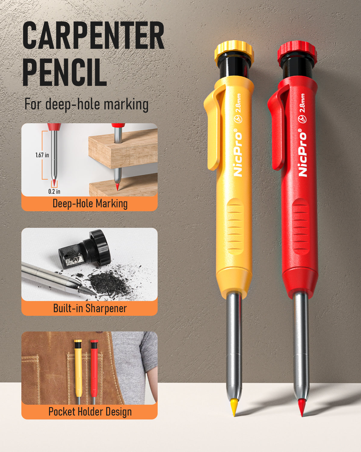 Nicpro 5 Pack Mechanical Carpenter Pencil Set with 76 Refills & Carbid