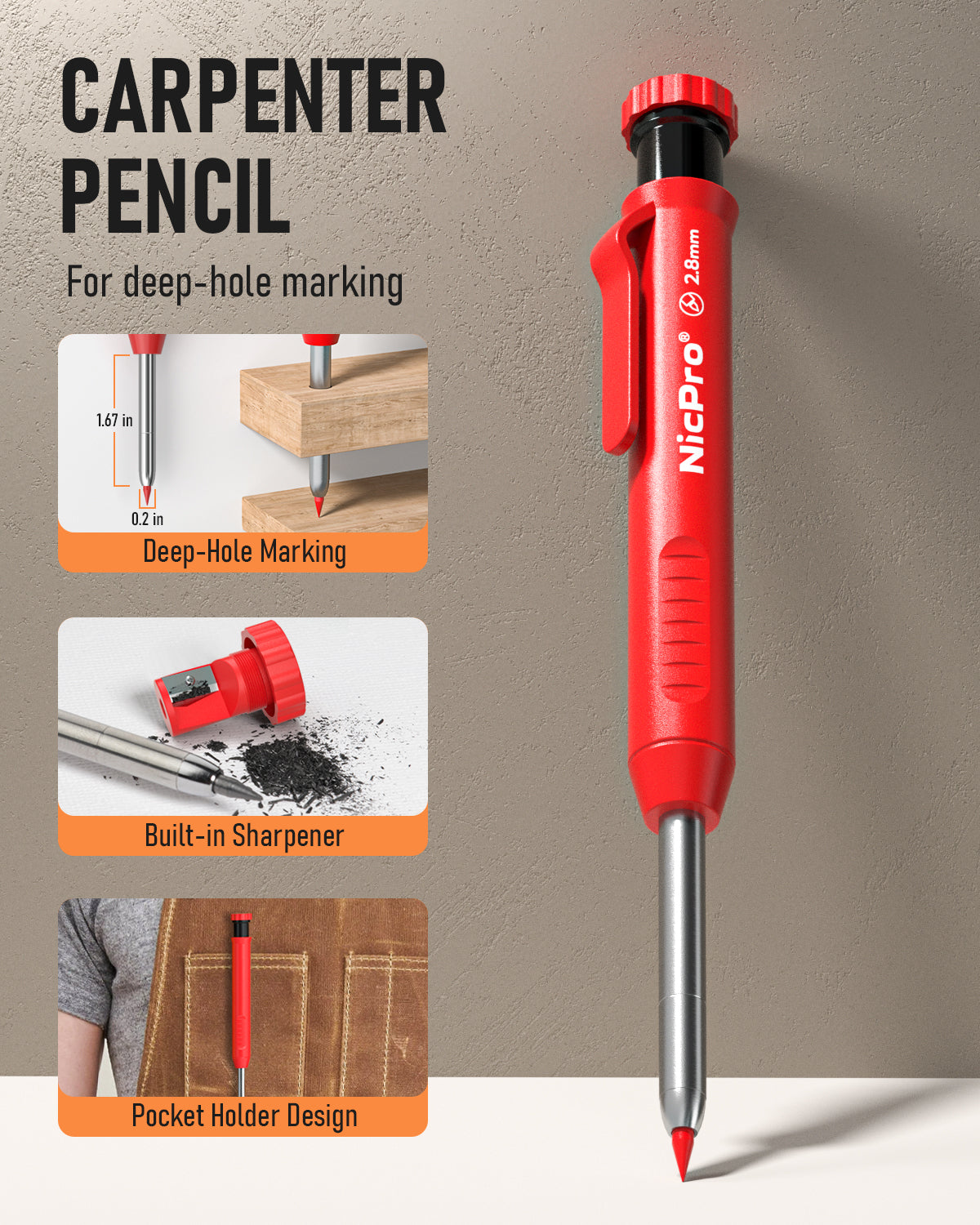 Nicpro Carpenter Pencil with Sharpener, Mechanical Carpenter Pencil Se