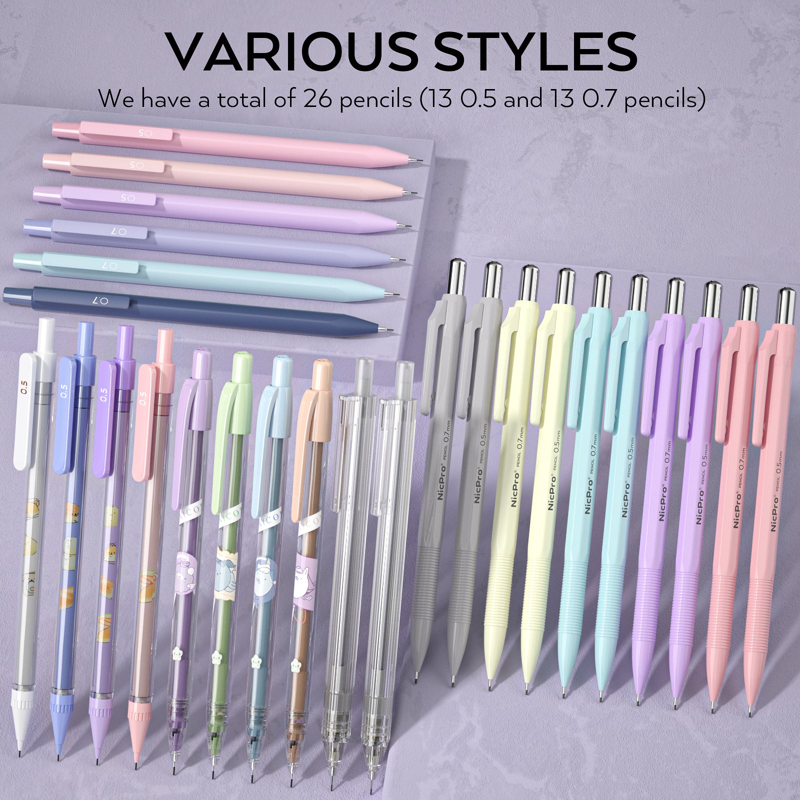 Nicpro Pastel Art Mechanical Pencil Bulk Set, 26 PCS Cute Drawing Pencils 0.5 & 0.7 mm With 6 Tubes HB Lead Refills and Eraser Refills For School, Office Supplies Writing Sketching Drafting