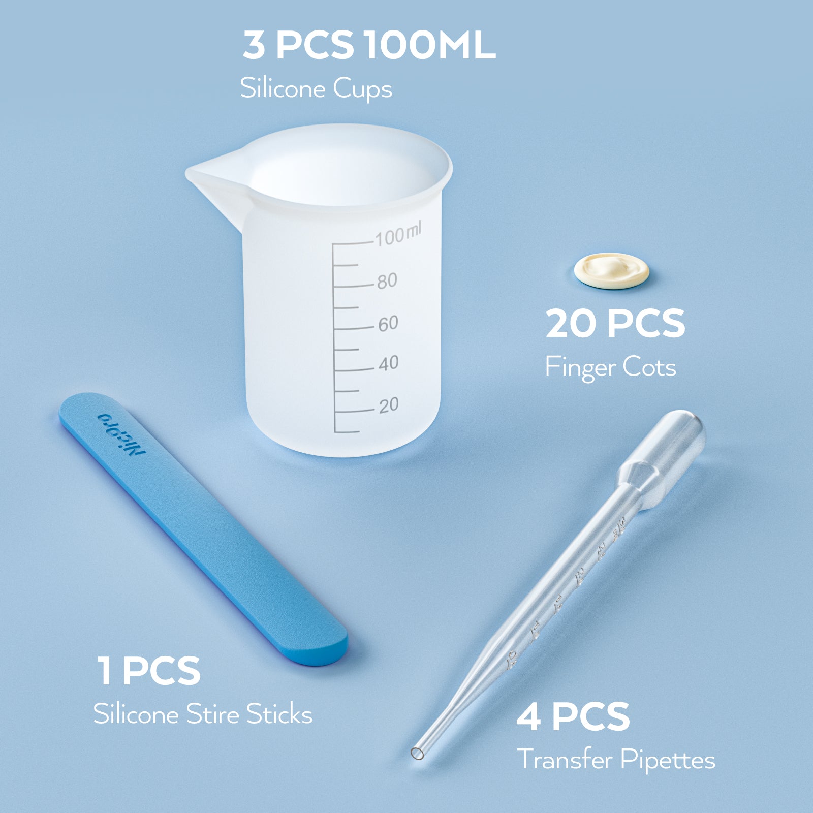 Nicpro 100 ml Silicone Measuring Cups Kit with Silicone Popsicle Stir Stick, Pipettes, Finger Cots for Epoxy Resin Mixing, Molds, Glue，Jewelry Making, Waxing, Easy Clean