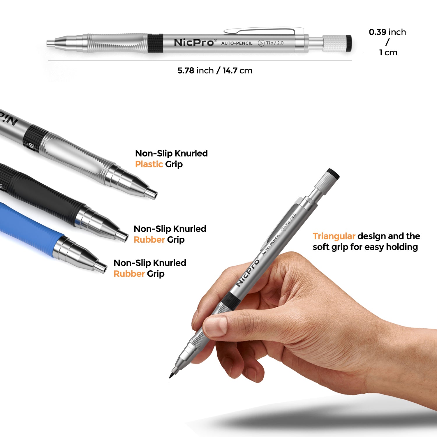 Nicpro 2mm Mechanical Pencil Set, 3 PCS Artist Drafting Clutch Pencil