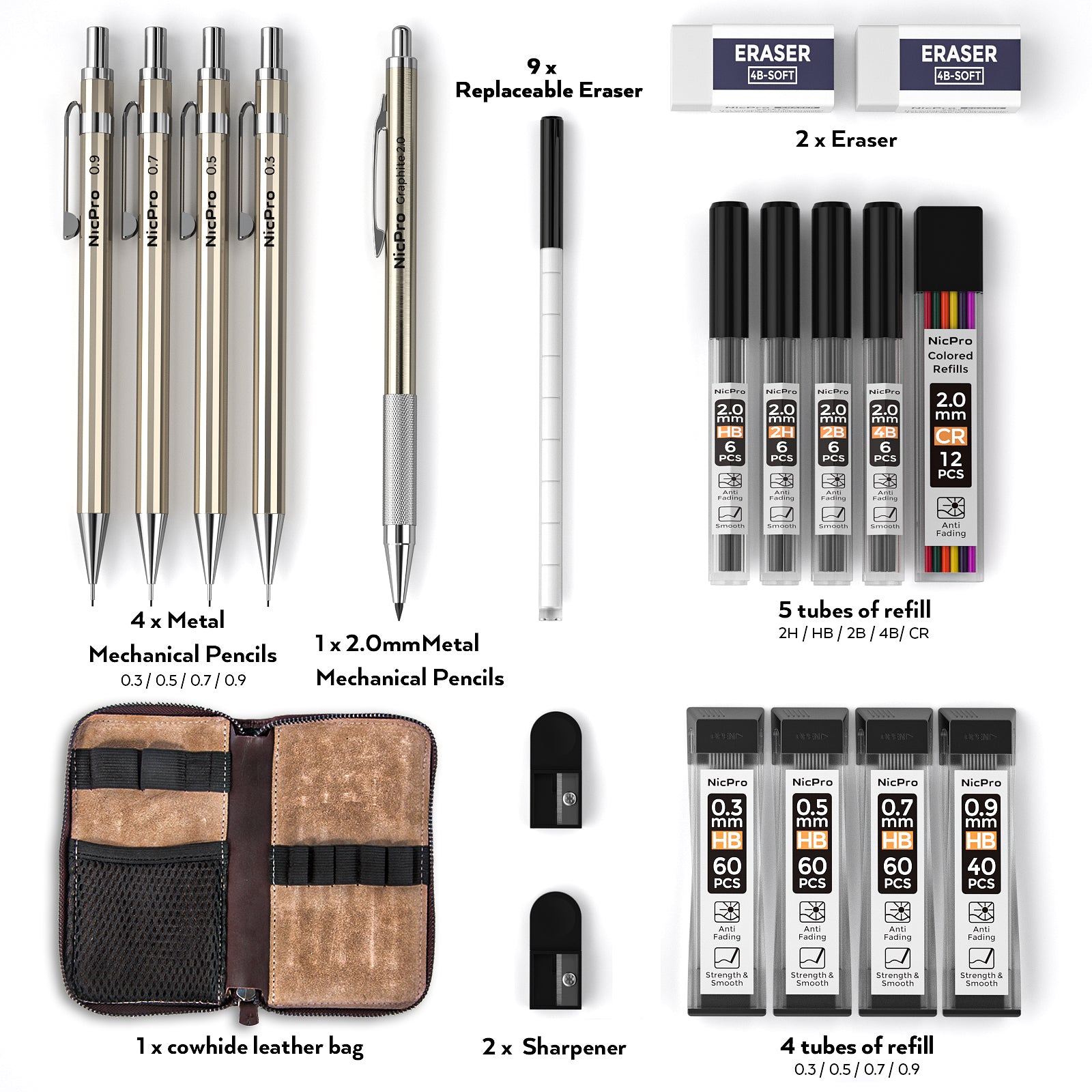 Nicpro 5 PCS Metal Mechanical Pencil Set in Leather Case, 0.3 & 0.5 & 0.7 & 0.9 mm & 2mm Lead Pencil Holders, (4B 2B HB 2H) Lead Refills (Black & Colors), Erasers, For Art Drafting Sketching Drawing