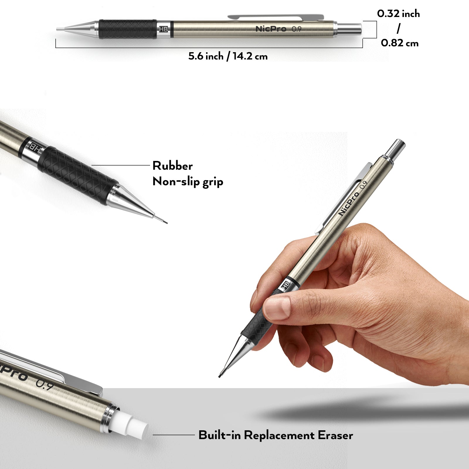 Nicpro 0.9 mm Art Mechanical Pencils Set in Gift Case, 6 PCS Metal Drafting Pencil 0.9mm with 6 Tube HB Lead Refills & 18 PCS Eraser Refills for Adults, Children, Artist Writing, Drawing, Sketching