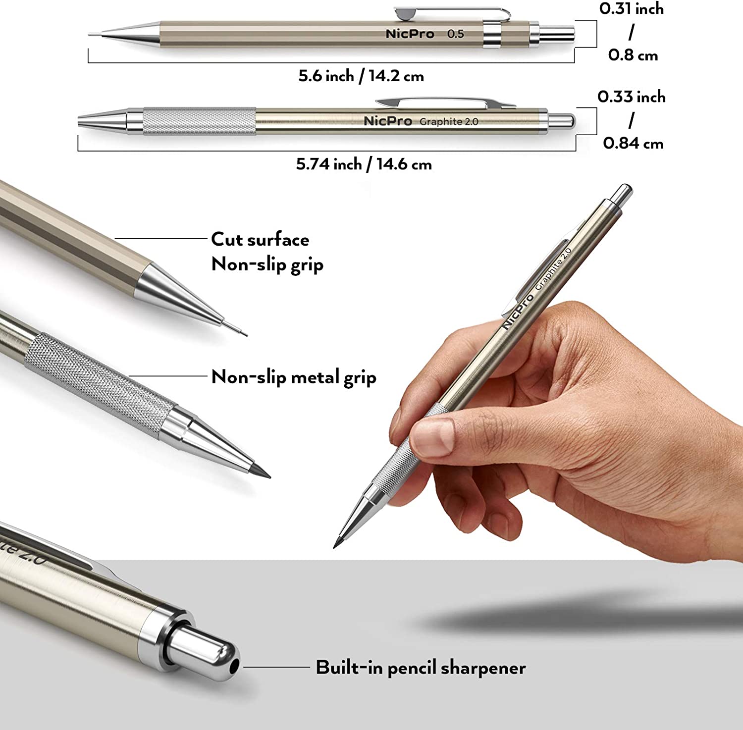 Nicpro 5 PCS Metal Mechanical Pencil Set in Leather Case, 0.3 & 0.5 & 0.7 & 0.9 mm & 2mm Lead Pencil Holders, (4B 2B HB 2H) Lead Refills (Black & Colors), Erasers, For Art Drafting Sketching Drawing