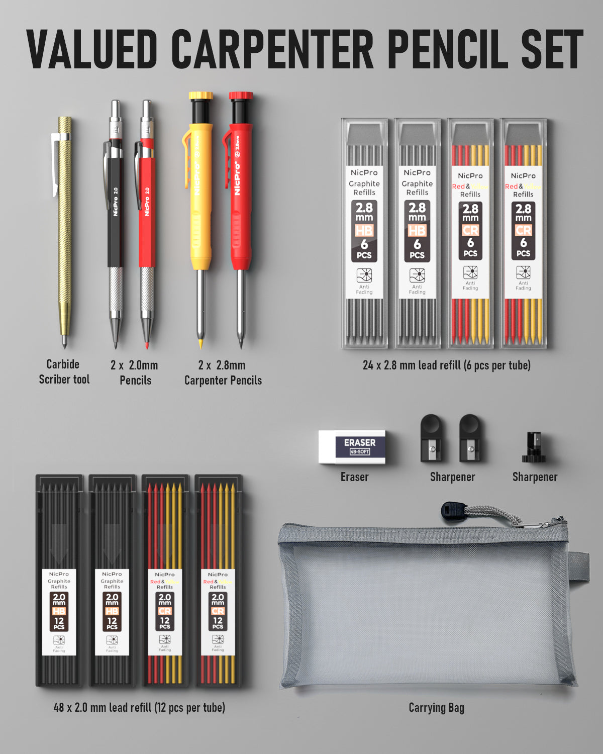 Nicpro 5 Pack Mechanical Carpenter Pencil Set with 76 Refills & Carbid
