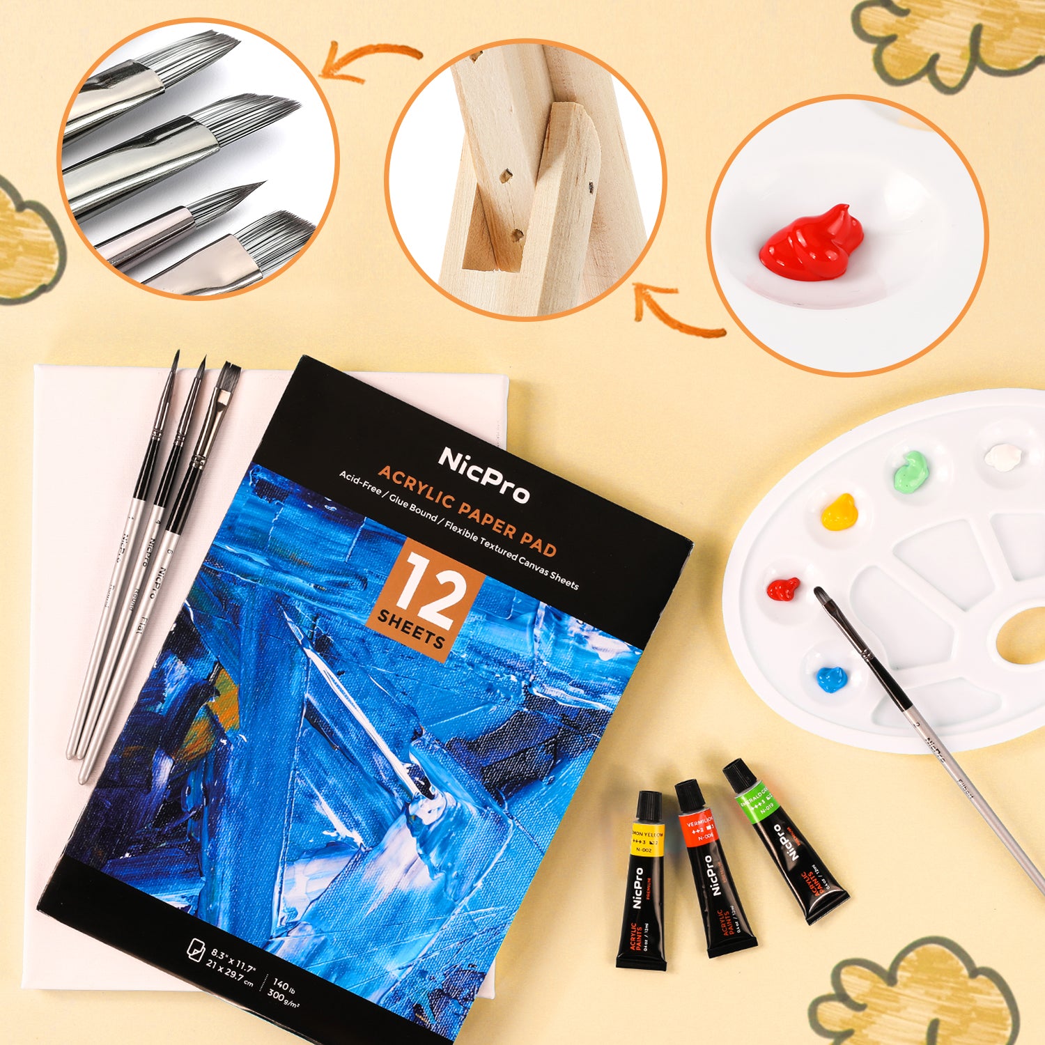 Nicpro Kid Art Set, 24 Colors Acrylic Paint，Complete Painting Supplies Kit for Boy & Girls Gift with Canvas, Smock, Painting Pad, Mixing Knives, Easel, Sponge, Mixing Tray