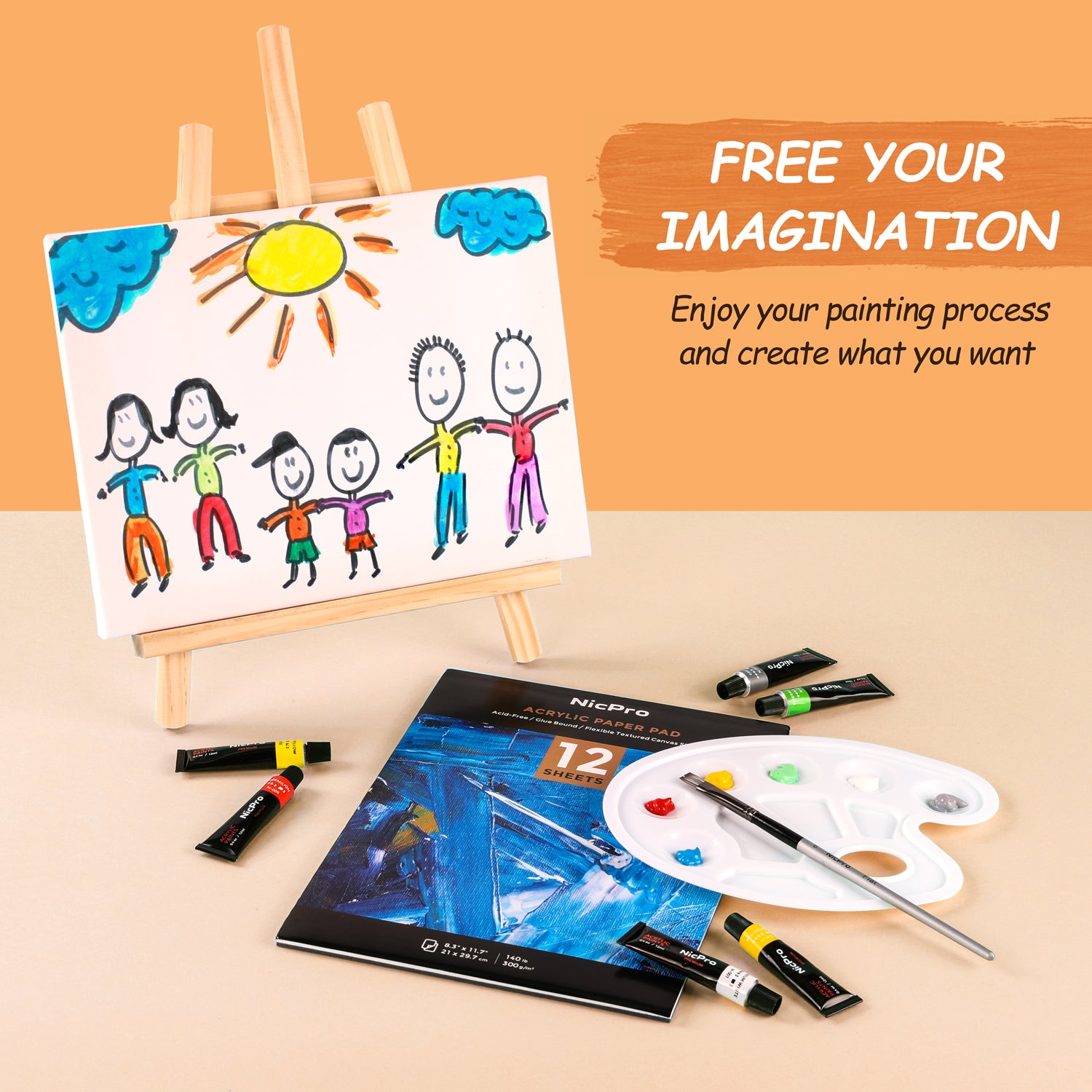 Nicpro Kid Art Set, 24 Colors Acrylic Paint，Complete Painting Supplies Kit for Boy & Girls Gift with Canvas, Smock, Painting Pad, Mixing Knives, Easel, Sponge, Mixing Tray