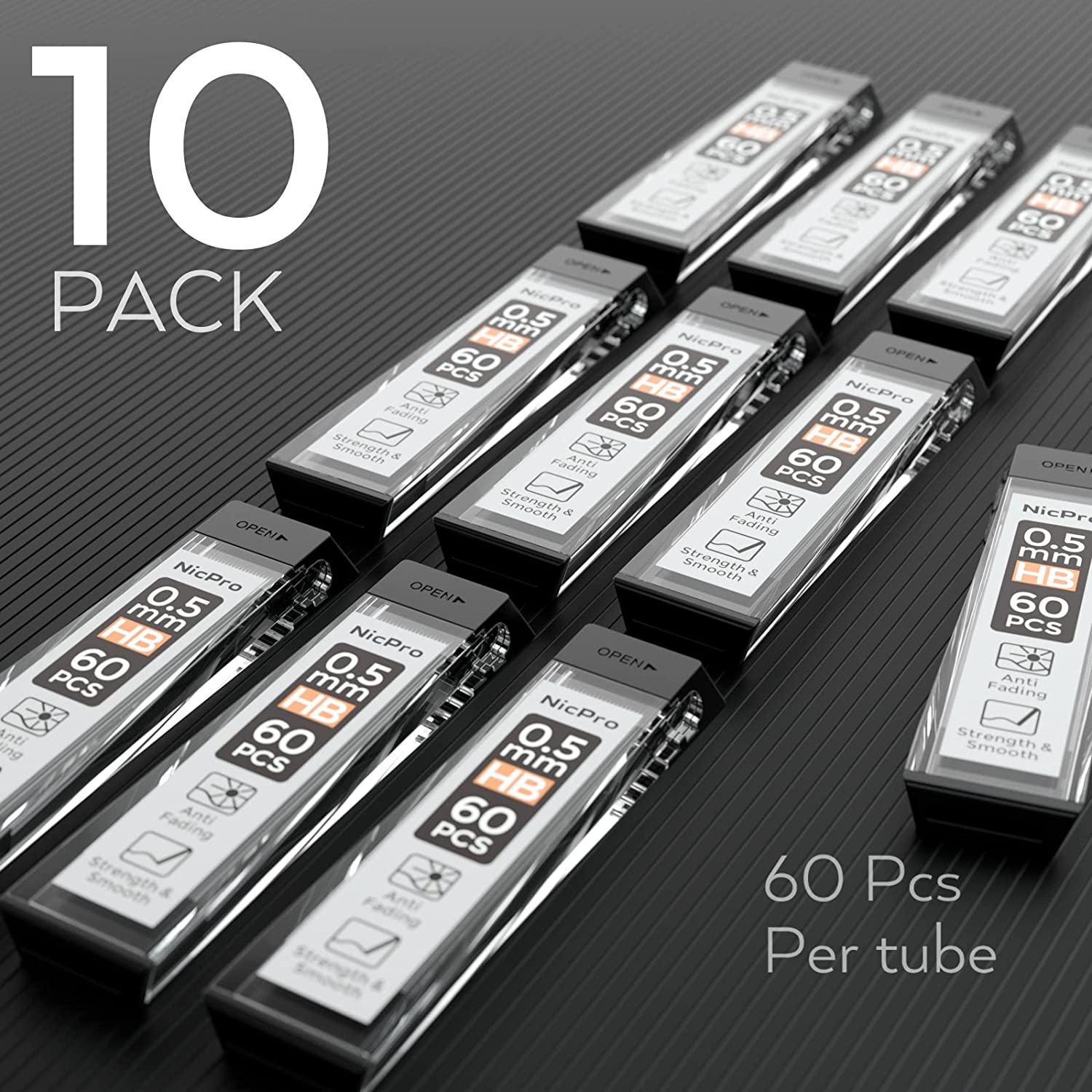 Nicpro 600 PCS Lead Refills 0.5mm HB #2 Break Resistant Mechanical Pencil Refills 0.5 mm, 60 Pack Per Tube, 10 Tubes